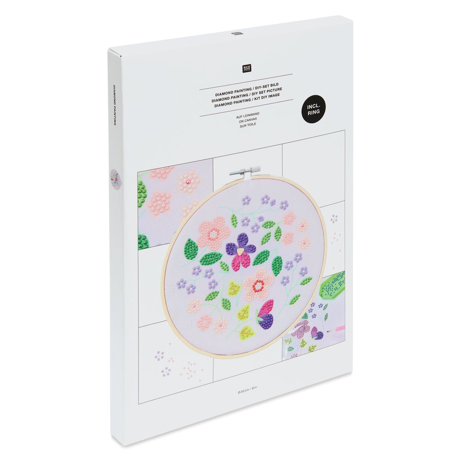 Rico Design Diamond Painting DIY Kit - Shimmering Flowers front of packaging angled view