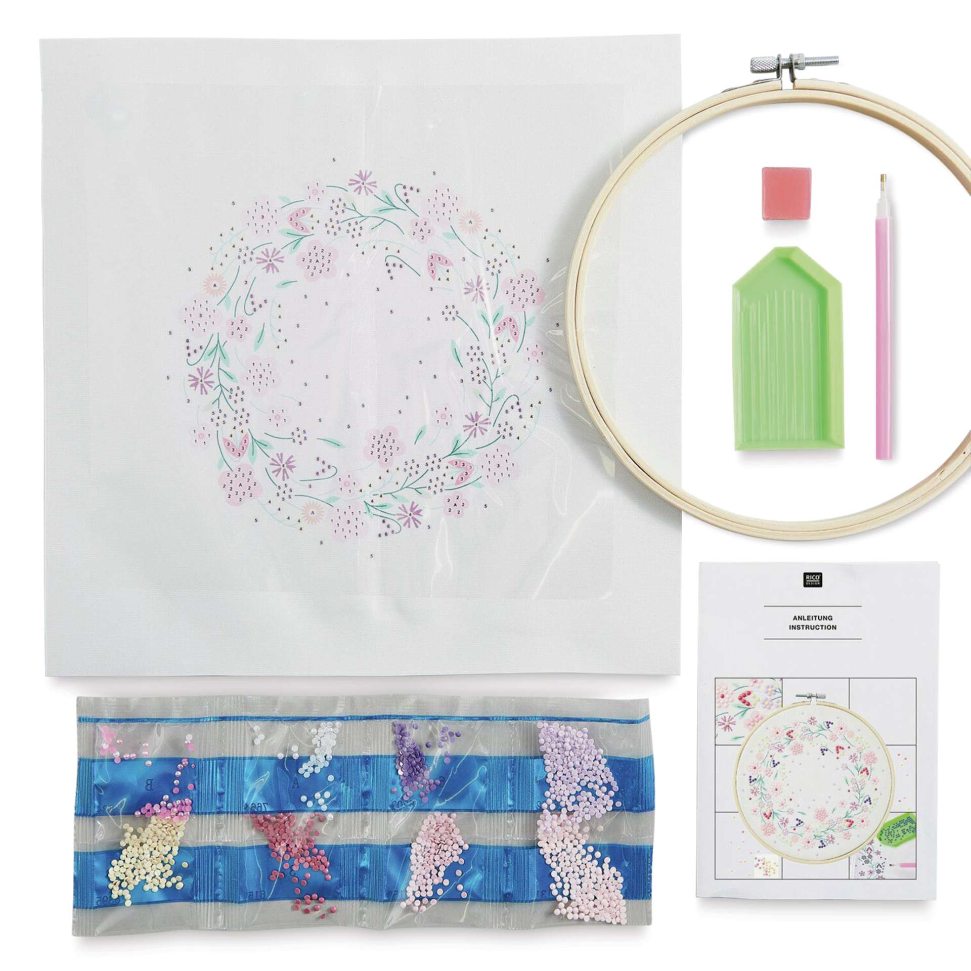 Rico Design Diamond Painting DIY Kit - Sparkling Floral Wreath contents