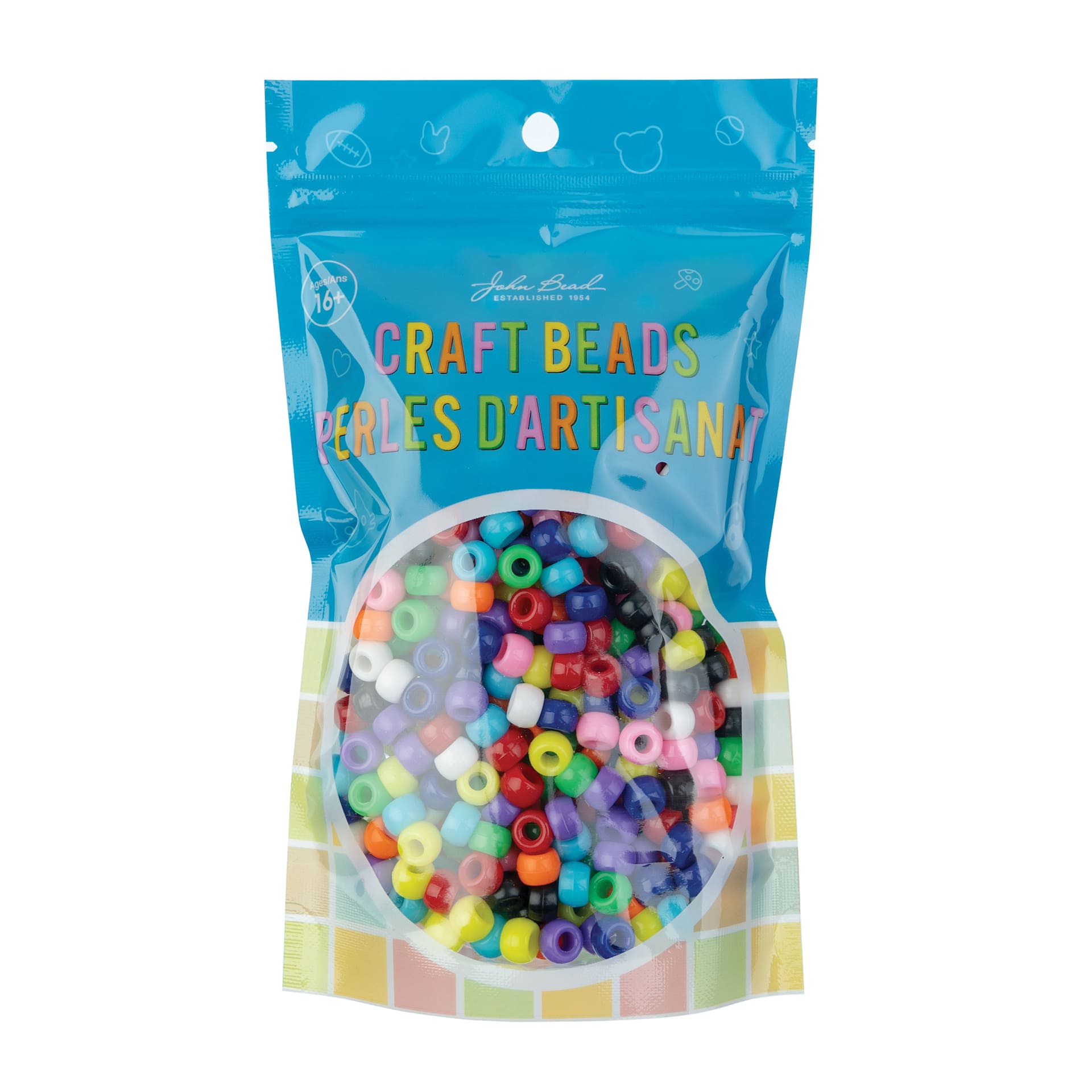 John Bead Craft Pony Beads - Assorted Colors, 6 mm x 9 mm, 160 g Bag front of packaging
