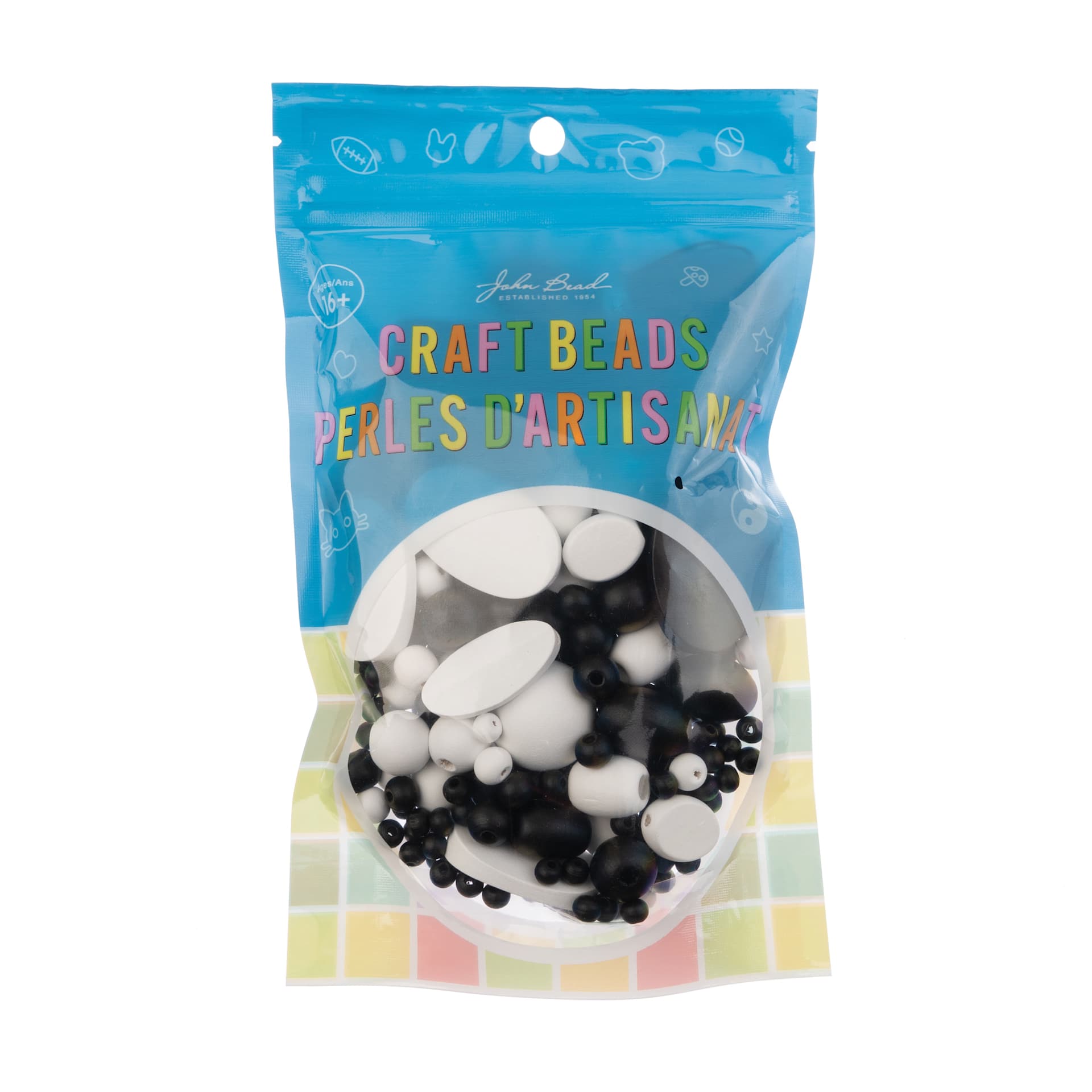 John Bead Wood Craft Beads - White and Black, 90 g Bag front of packaging