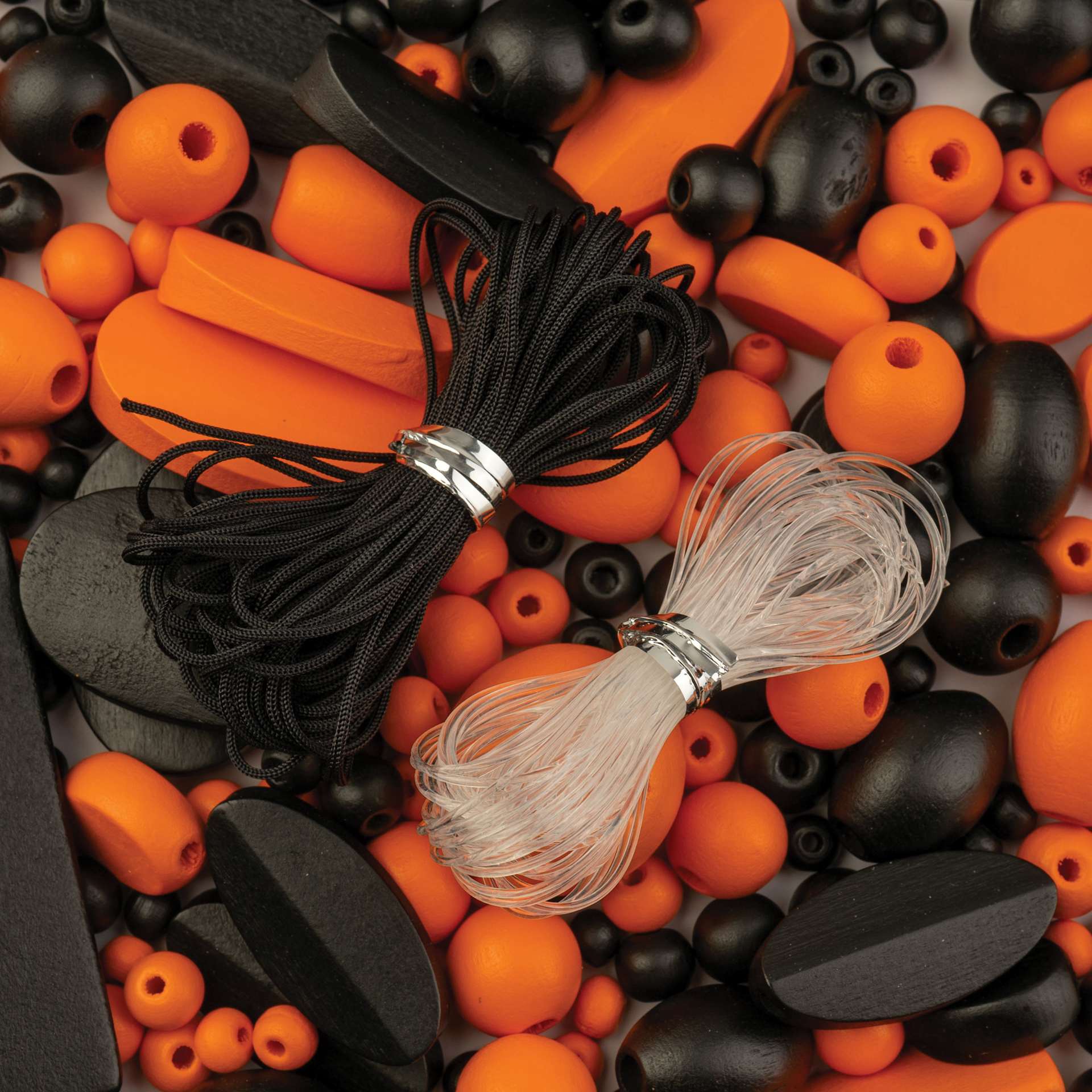 John Bead Wood Craft Beads - Black and Orange, 90 g Bag showing included nylon cords