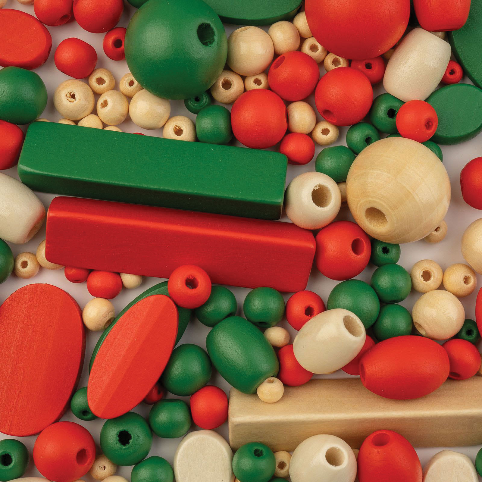 John Bead Wood Craft Beads - Dark Green, Red and Natural, 90 g Bag