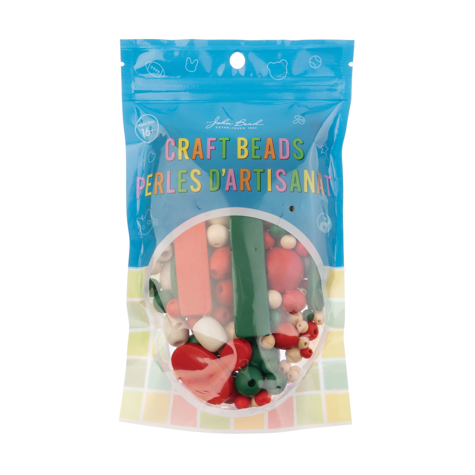 John Bead Wood Craft Beads - Dark Green, Red and Natural, 90 g Bag front of packaging