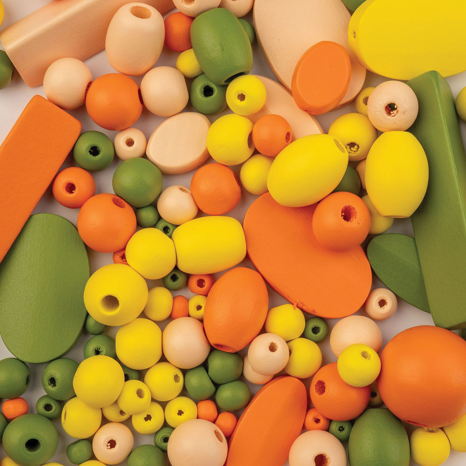John Bead Wood Craft Beads - Orange, Green, Yellow and Light Peach, 90 g Bag