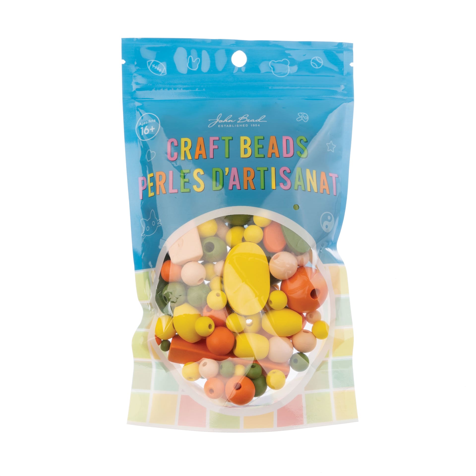 John Bead Wood Craft Beads - Orange, Green, Yellow and Light Peach, 90 g Bag front of packaging