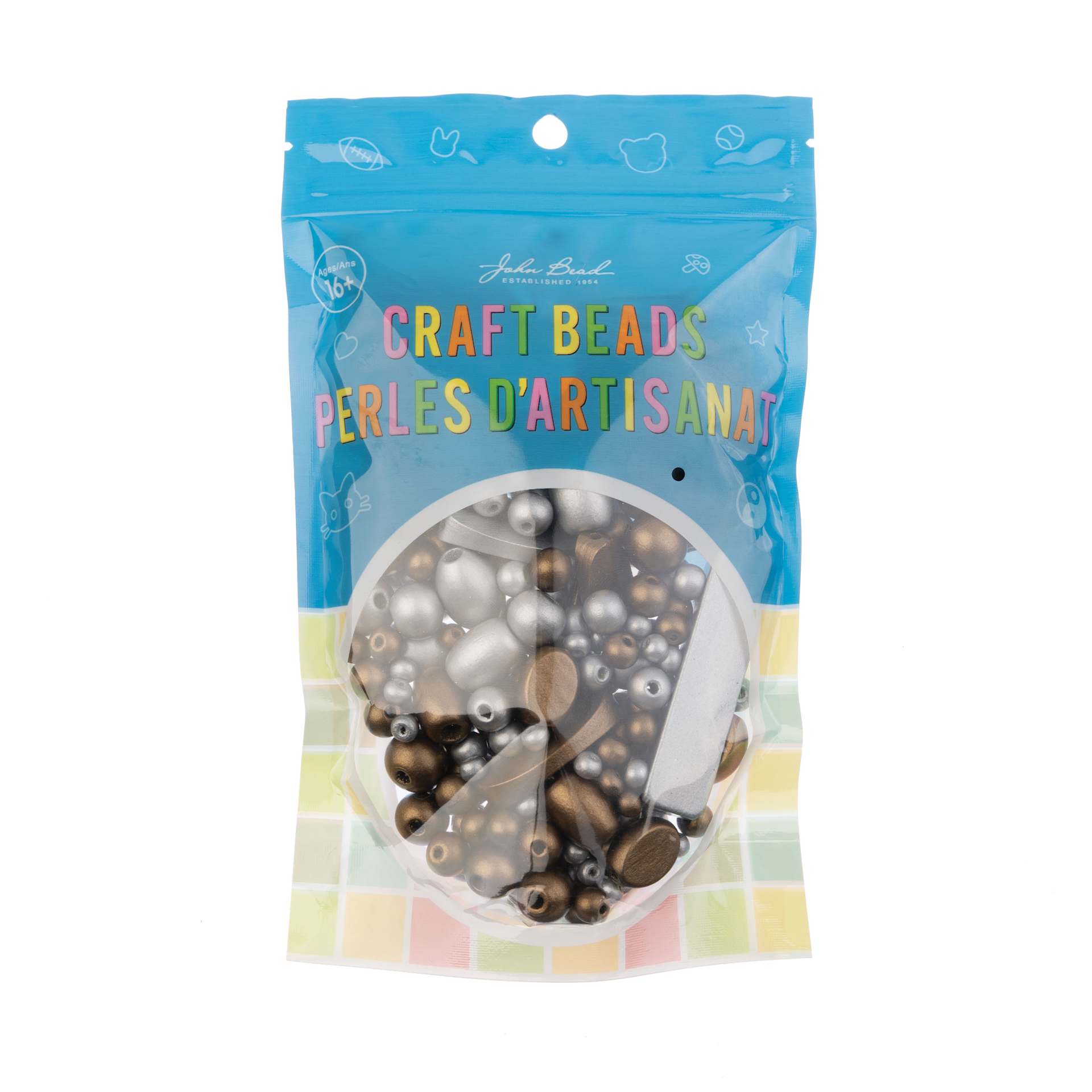 John Bead Wood Craft Beads - Silver and Gold, 90 g Bag front of packaging