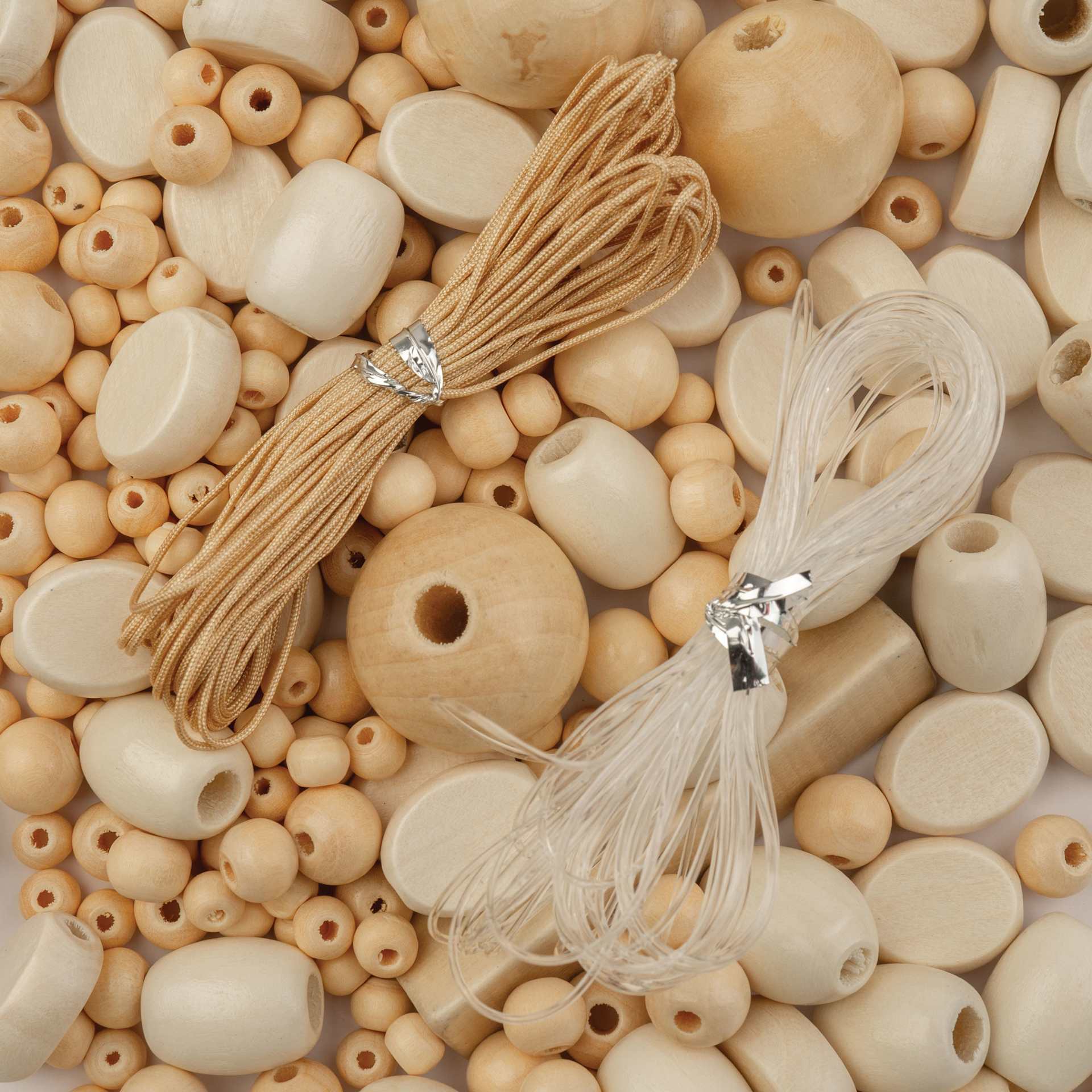 John Bead Wood Craft Beads - Natural, 90 g Bag showing included nylon cords