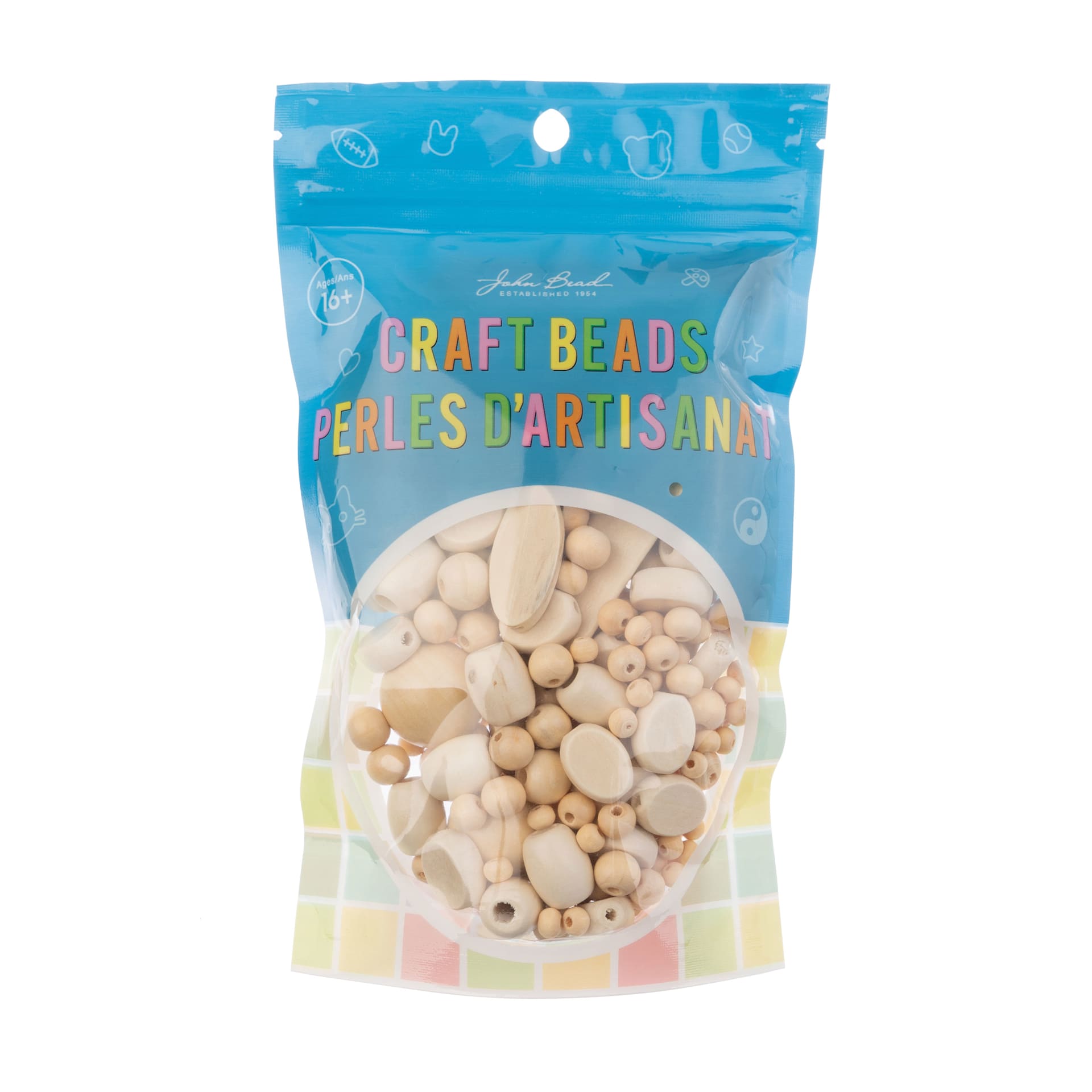 John Bead Wood Craft Beads - Natural, 90 g Bag front of packaging