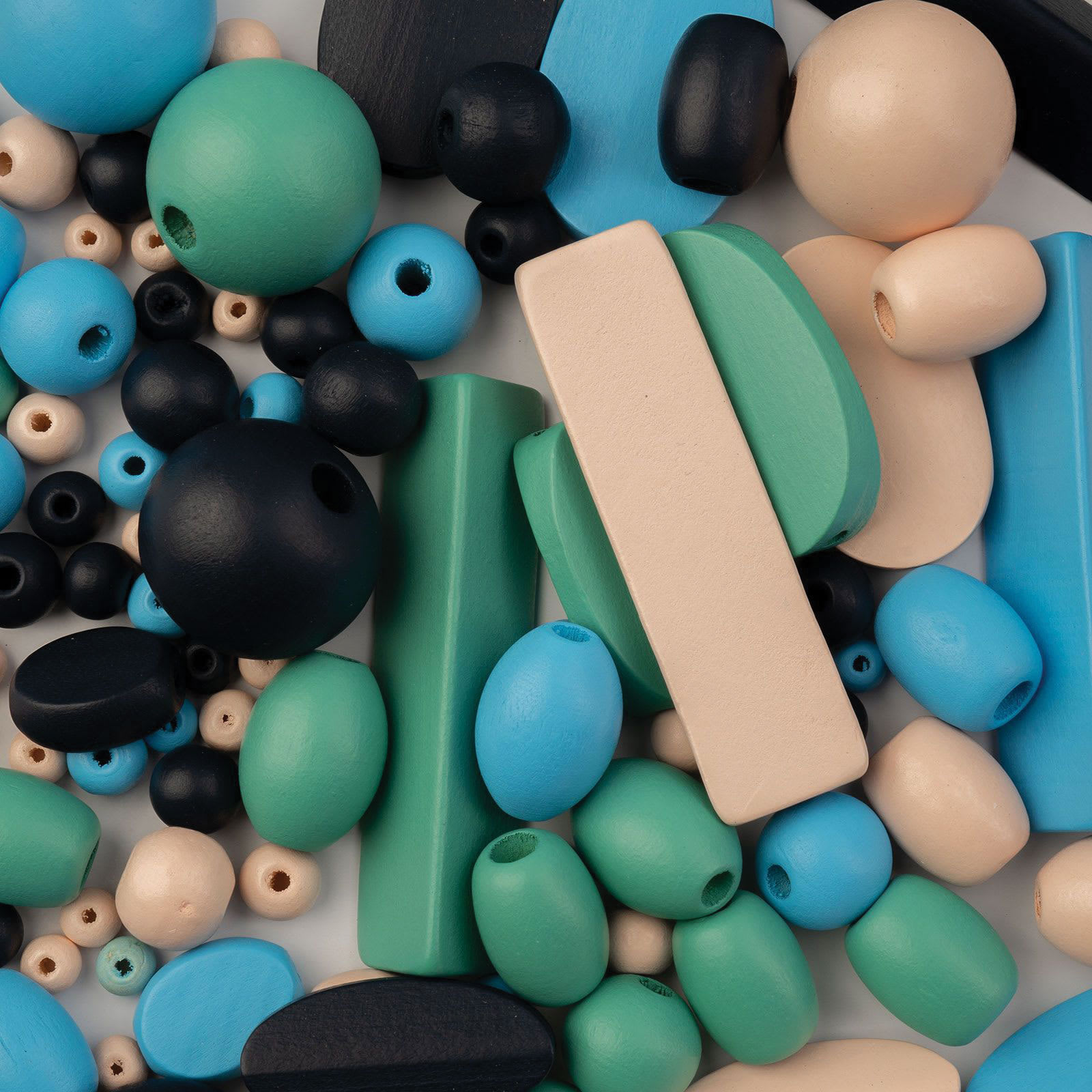 John Bead Wood Craft Beads - Blue, Light Blue, Natural and Green, 90 g Bag