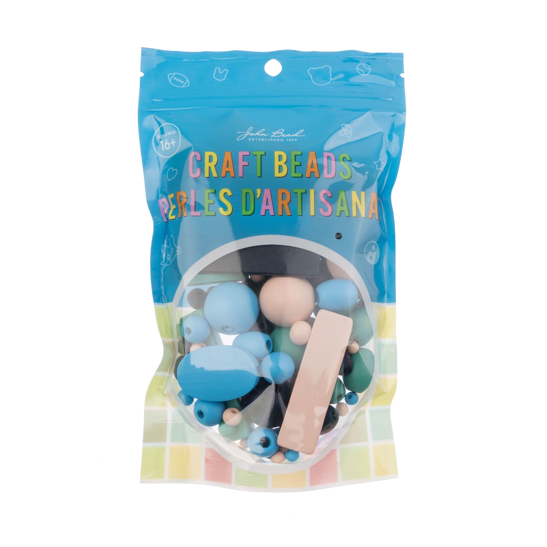 John Bead Wood Craft Beads - Blue, Light Blue, Natural and Green, 90 g Bag front of packaging