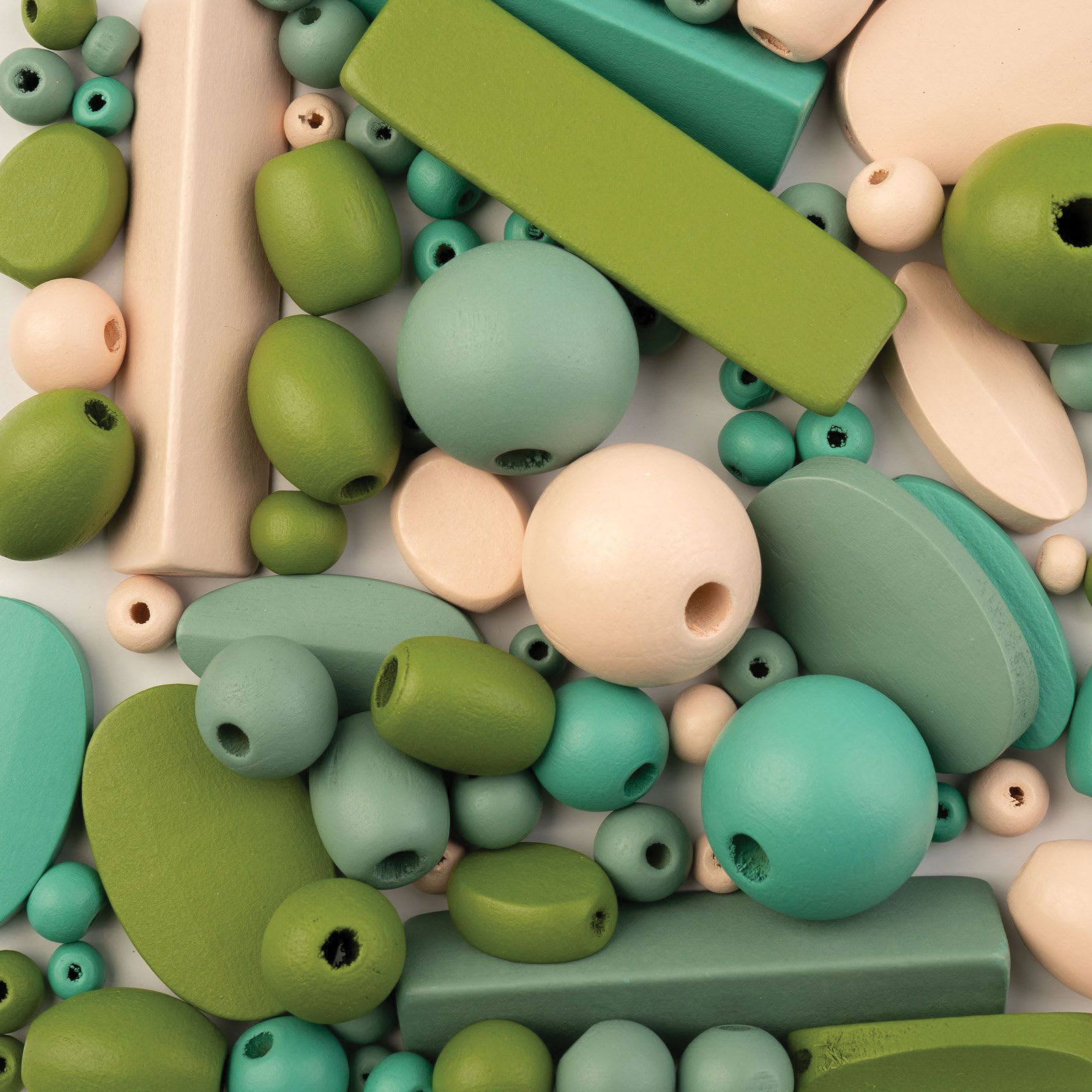 John Bead Wood Craft Beads - Dark Green, Light Peach, Gray, and Green, 90 g Bag