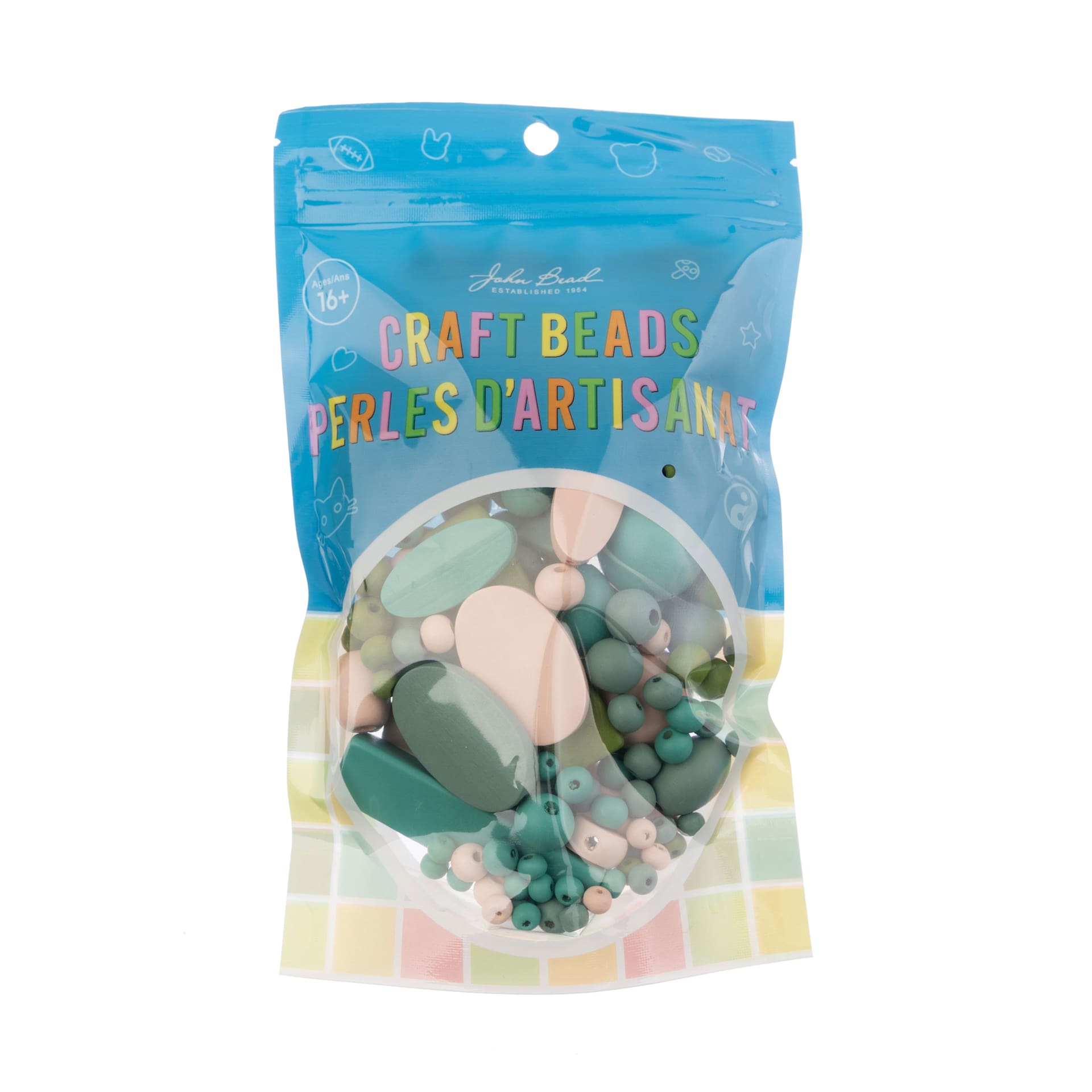 John Bead Wood Craft Beads - Dark Green, Light Peach, Gray, and Green, 90 g Bag front of packaging