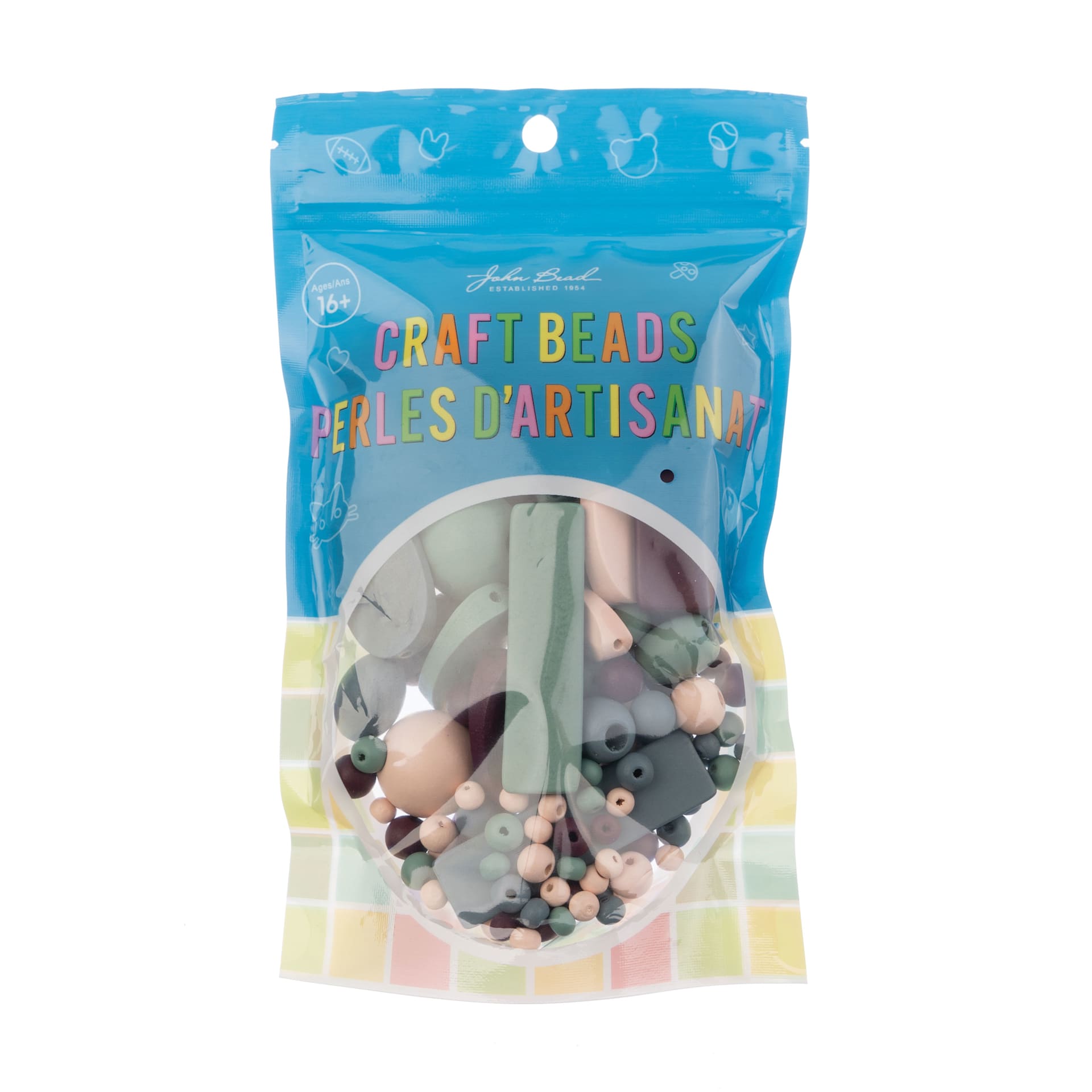 John Bead Wood Craft Beads - Gray, Dark Purple, Natural, and Green, 90 g Bag front of packaging