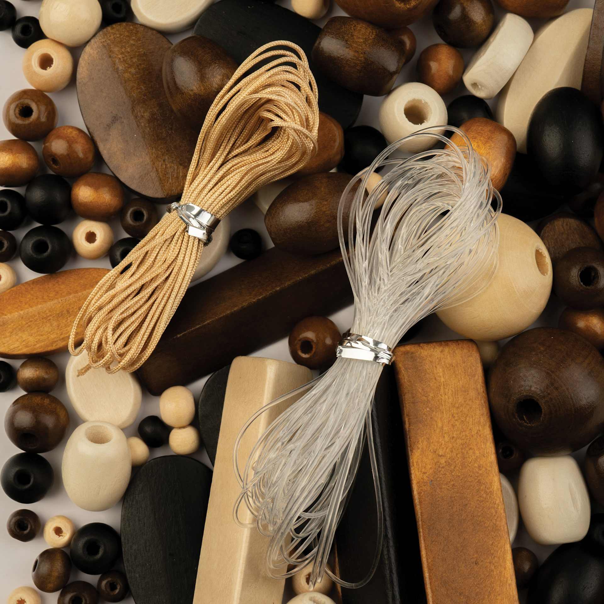 John Bead Wood Craft Beads - Natural, Black, Brown, and Dark Brown, 90 g Bag showing included nylon cords