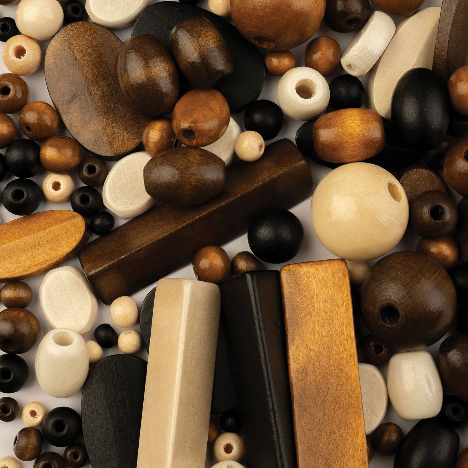 John Bead Wood Craft Beads - Natural, Black, Brown, and Dark Brown, 90 g Bag