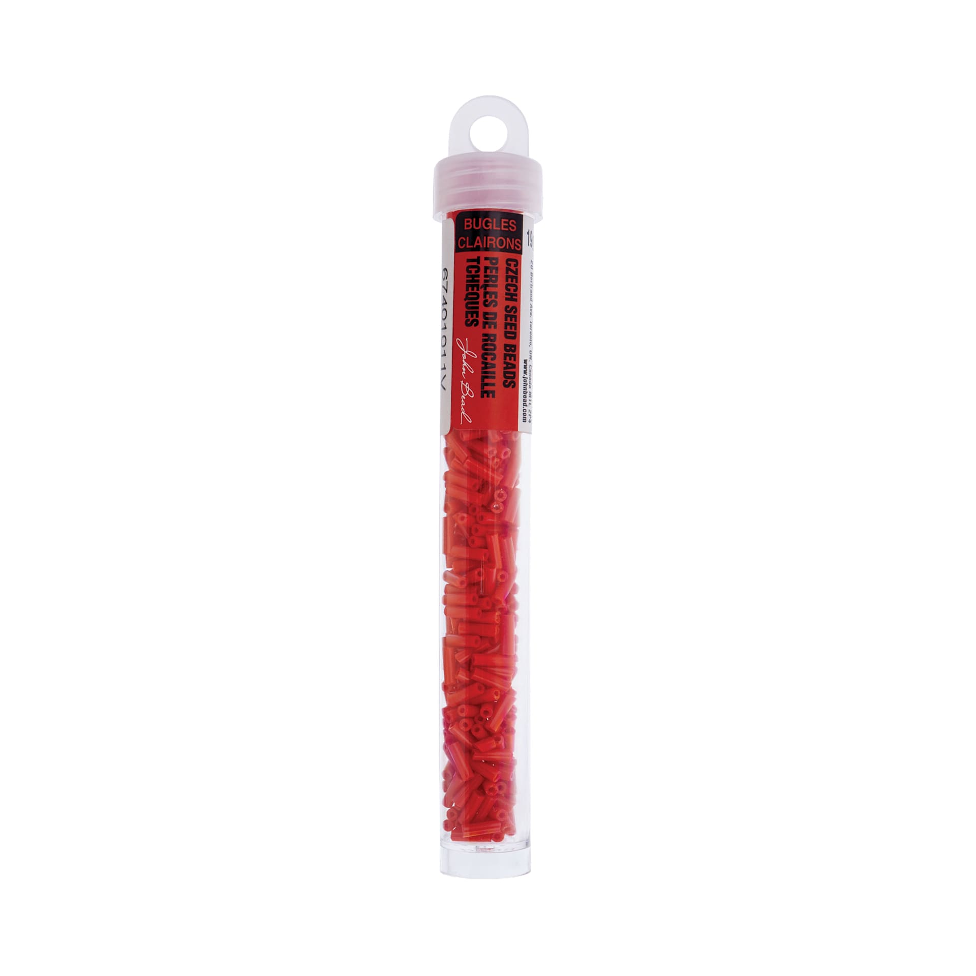 John Bead Czech Glass #3 Bugle Beads - Opaque Light Red, 6.5 mm, 19 g Tube