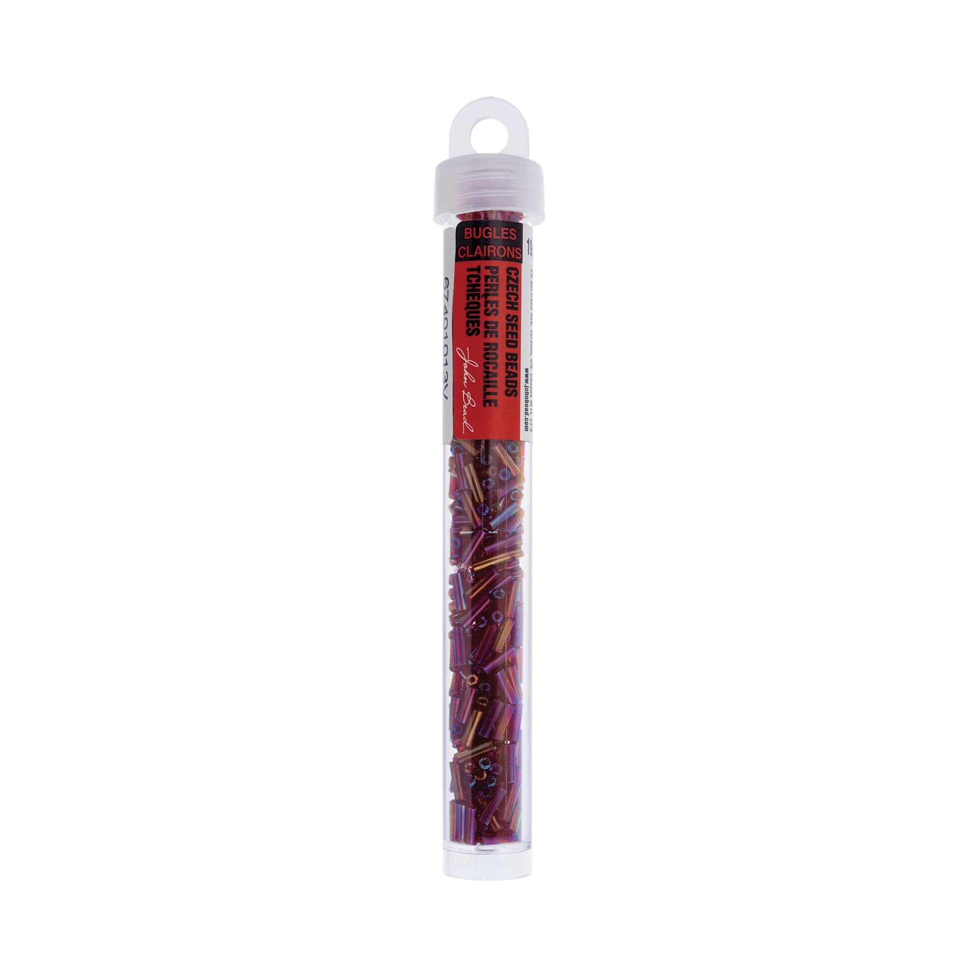 John Bead Czech Glass #3 Bugle Beads - Transparent Red Iris, 6.5 mm, 19 g Tube