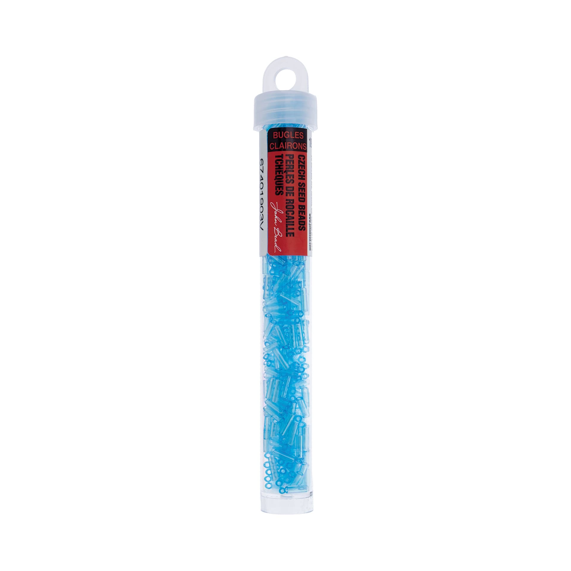 John Bead Czech Glass #3 Bugle Beads - Transparent Aqua Luster, 6.5 mm, 19 g Tube