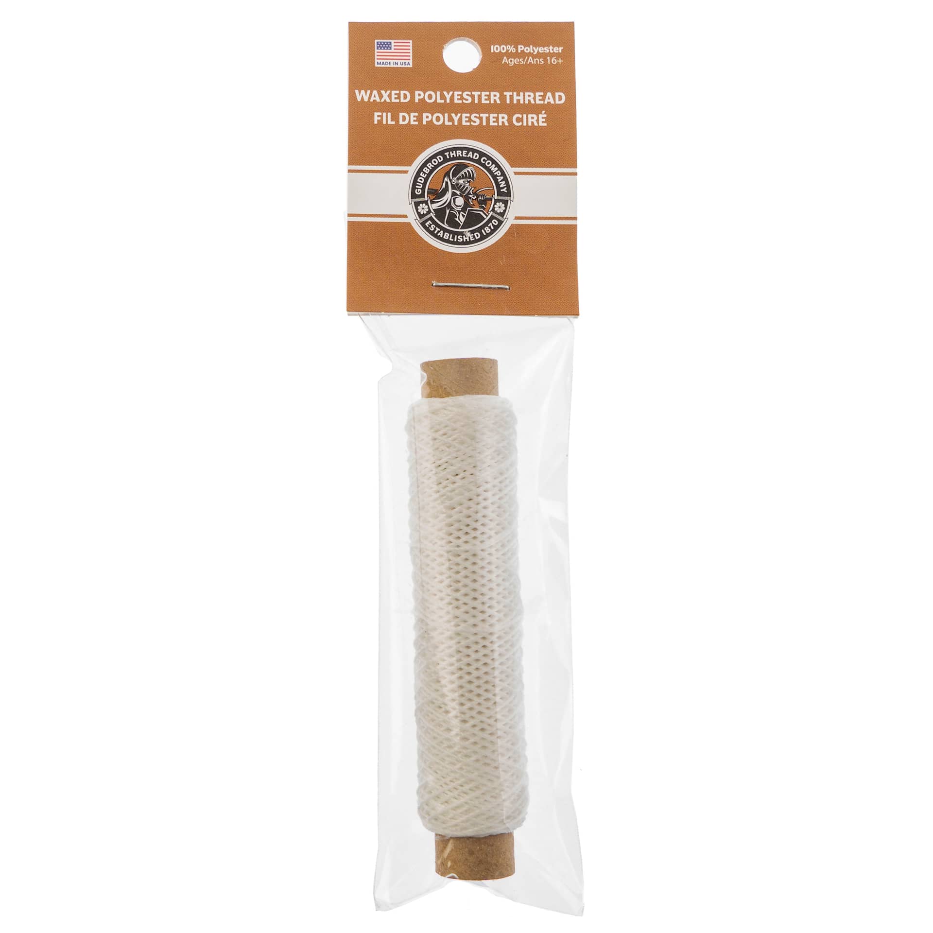 Gudebrod Waxed Polyester Thread - White, 25 yd Spool front of packaging