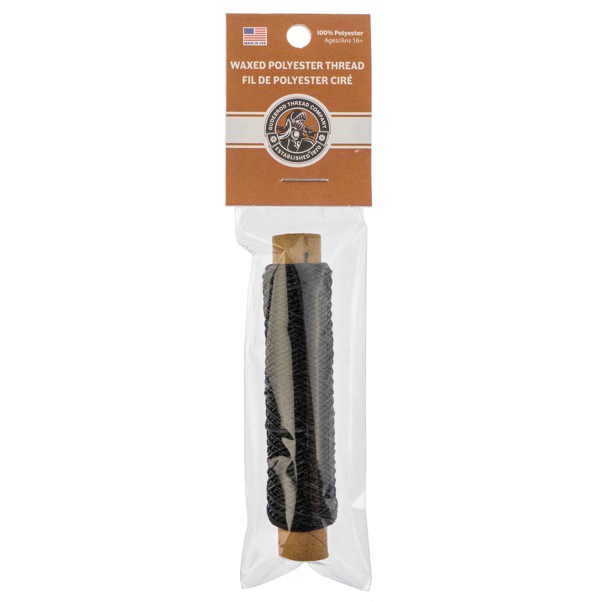 Gudebrod Waxed Polyester Thread - Black, 25 yd Spool front of packaging