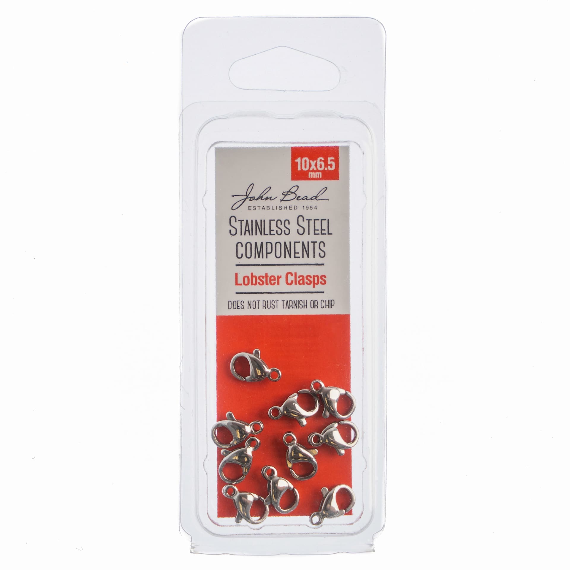 John Bead Stainless Steel Jewelry Clasps - Pkg of 10, Lobster Clasp, 10 mm x 6.5 mm front of packaging