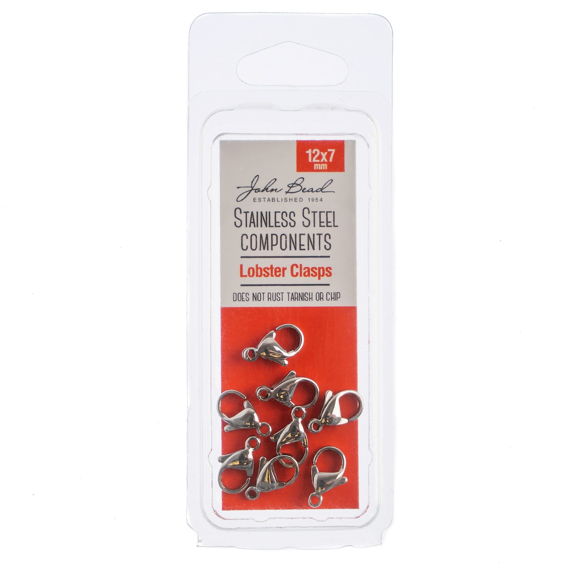 John Bead Stainless Steel Jewelry Clasps - Pkg of 8, Lobster Clasps, 12 mm x 7 mm front of packaging