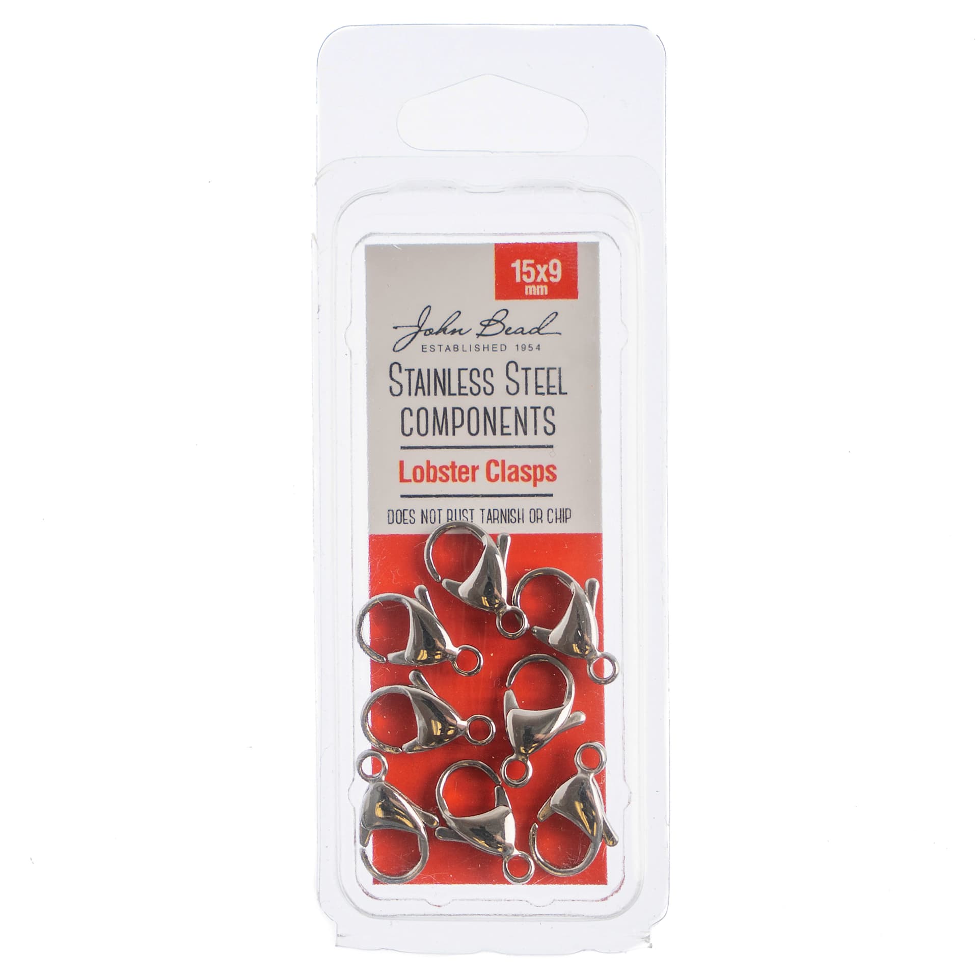 John Bead Stainless Steel Jewelry Clasps - Pkg of 8, Lobster Clasps, 15 mm x 9 mm front of packaging