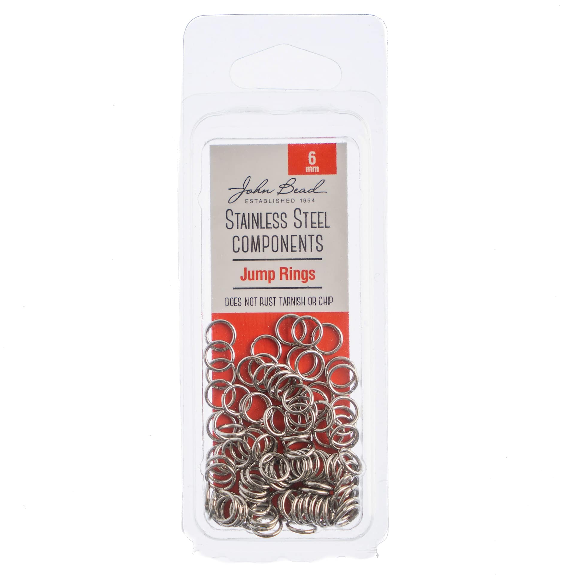John Bead Stainless Steel Jump Rings - Pkg of 100, 6 mm front of packaging