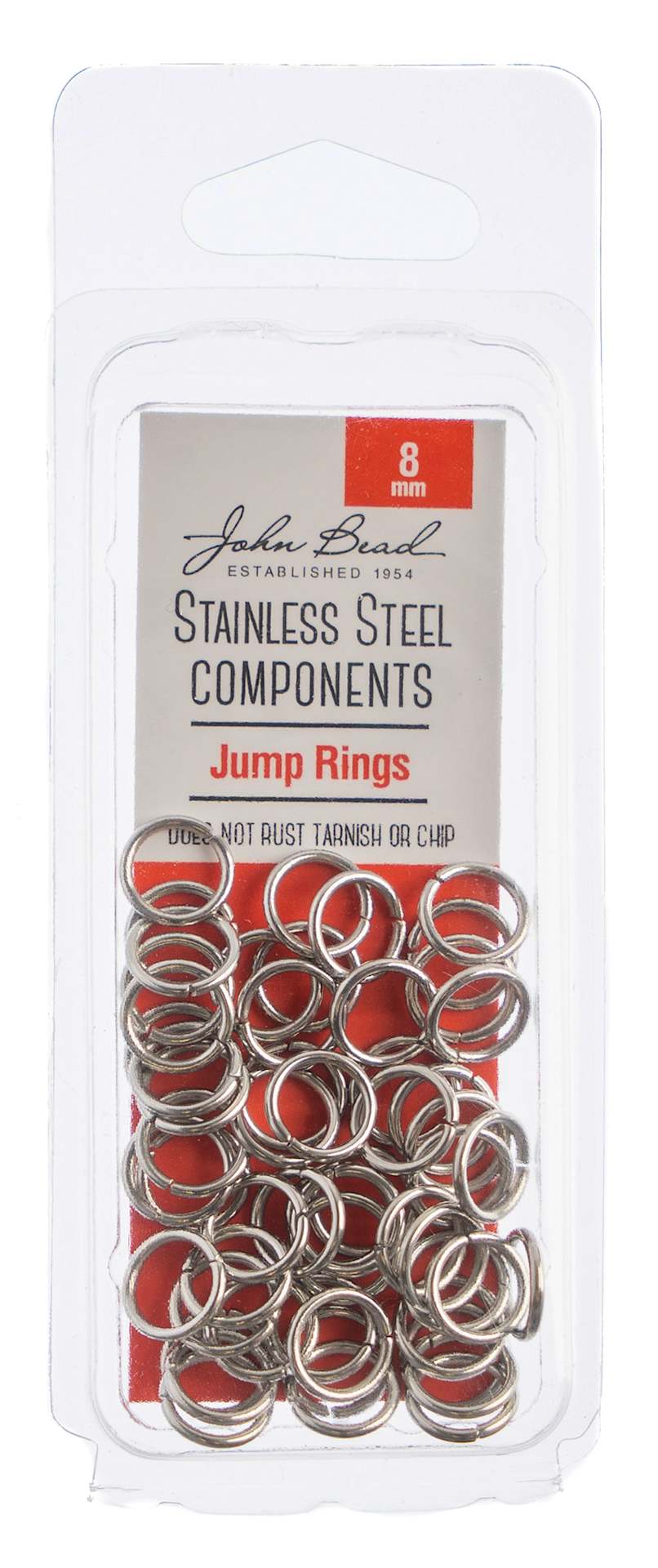 John Bead Stainless Steel Jump Rings - Pkg of 100, 8 mm front of packaging