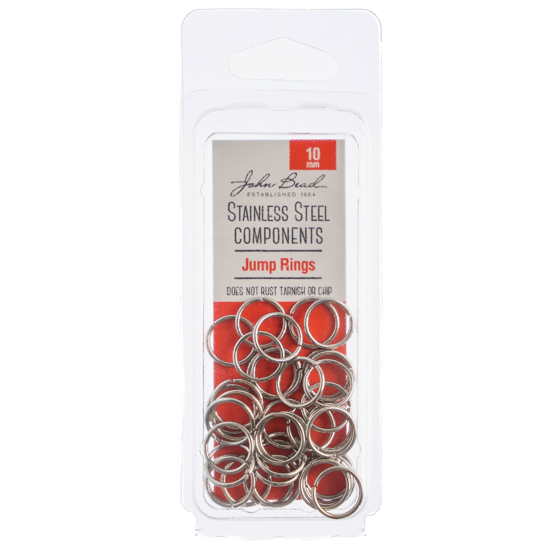 John Bead Stainless Steel Jump Rings - Pkg of 75, 10 mm front of packaging