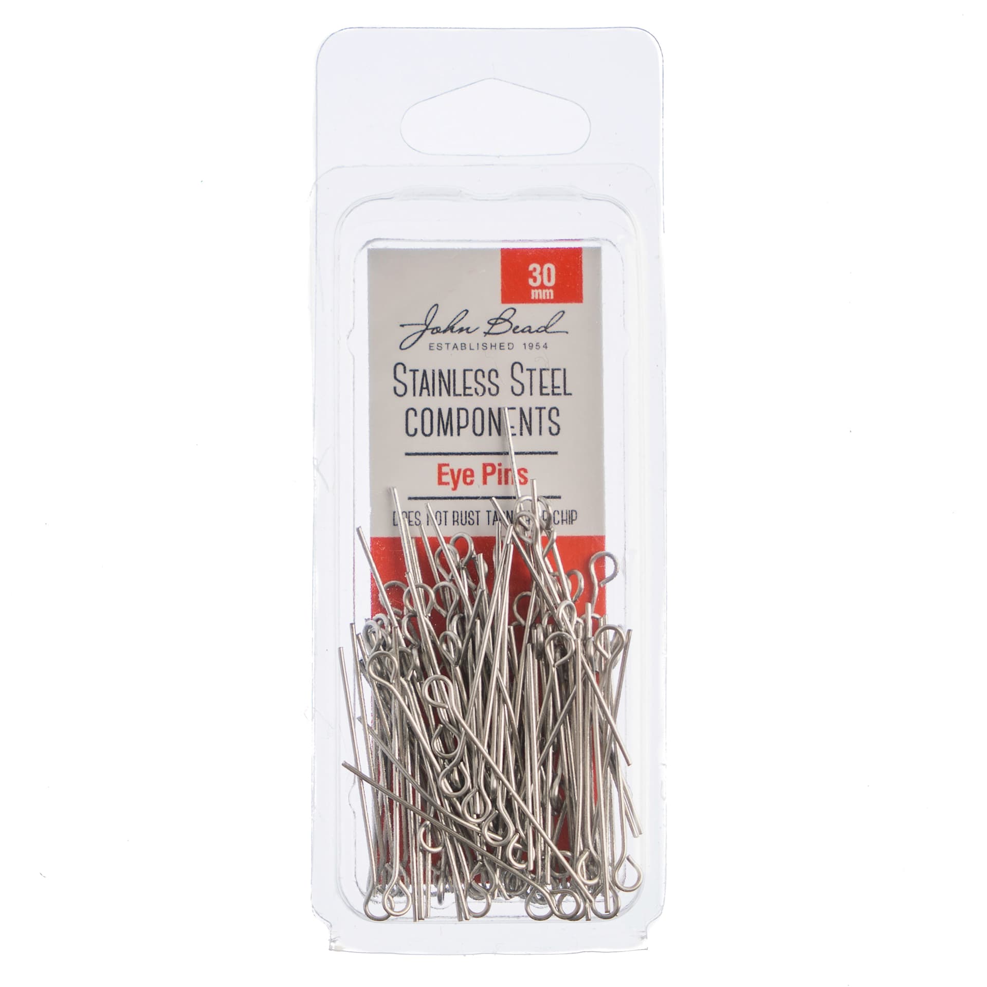 John Bead Stainless Steel Eye Pins - Pkg of 100, 30 mm front of packaging