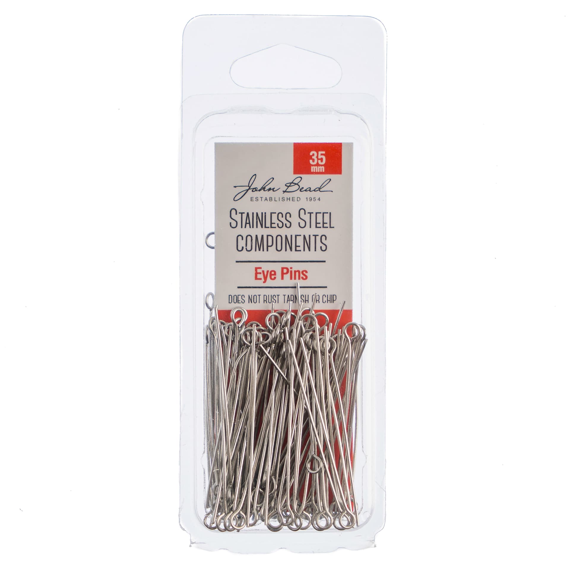 John Bead Stainless Steel Eye Pins - Pkg of 100, 35 mm front of packaging