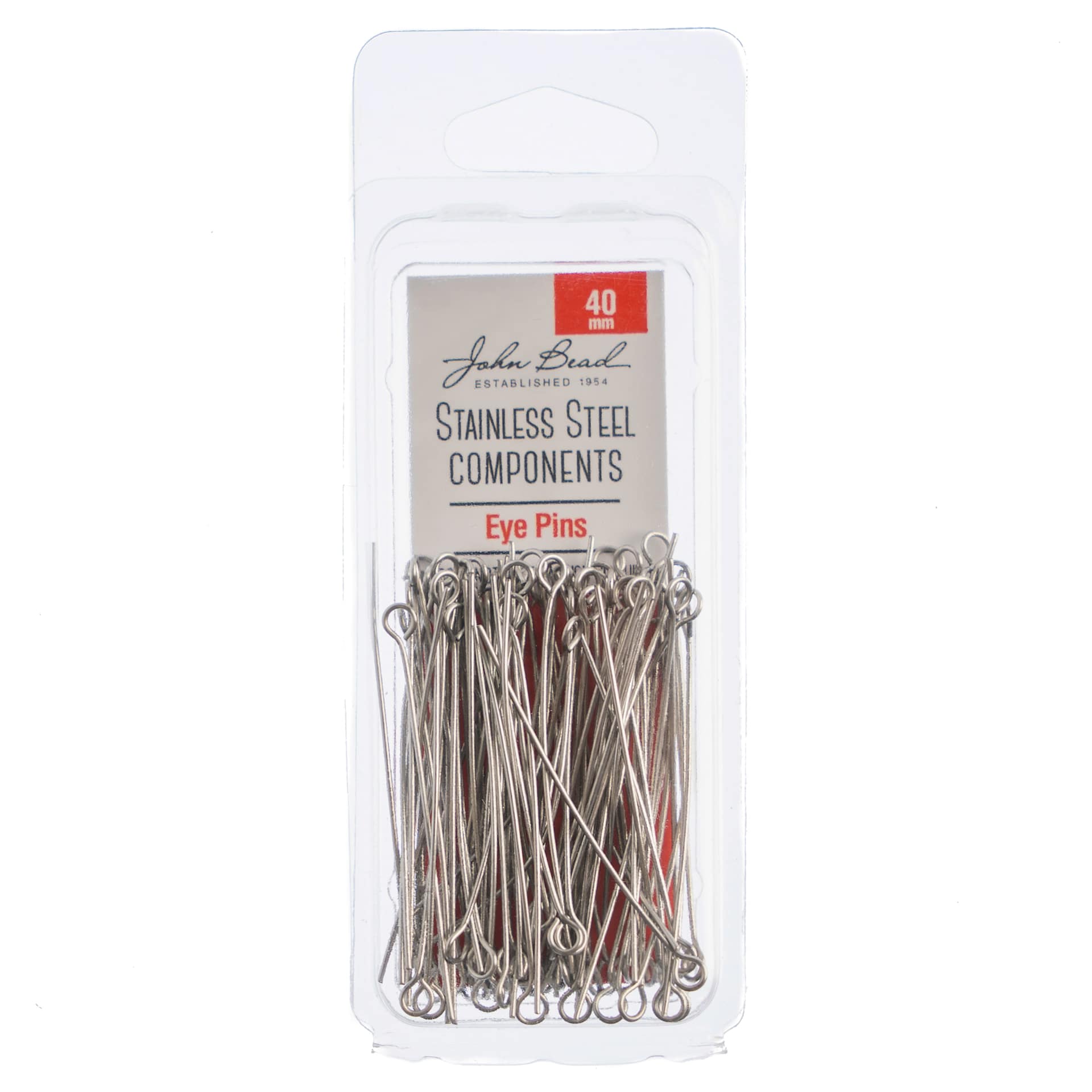 John Bead Stainless Steel Eye Pins - Pkg of 100, 40 mm front of packaging