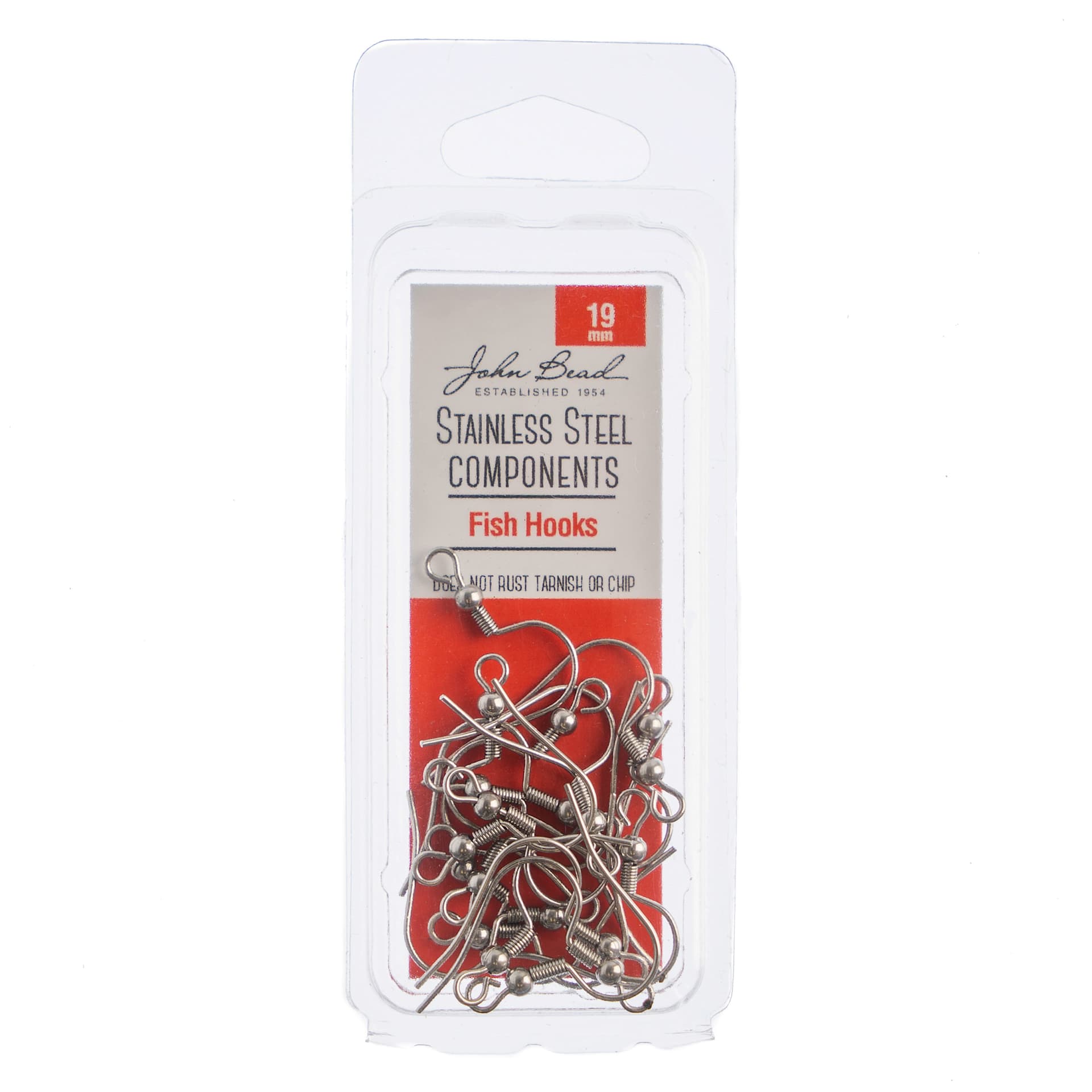 John Bead Stainless Steel Earwires - Pkg of 10, Fish Hook, 19 mm front of packaging