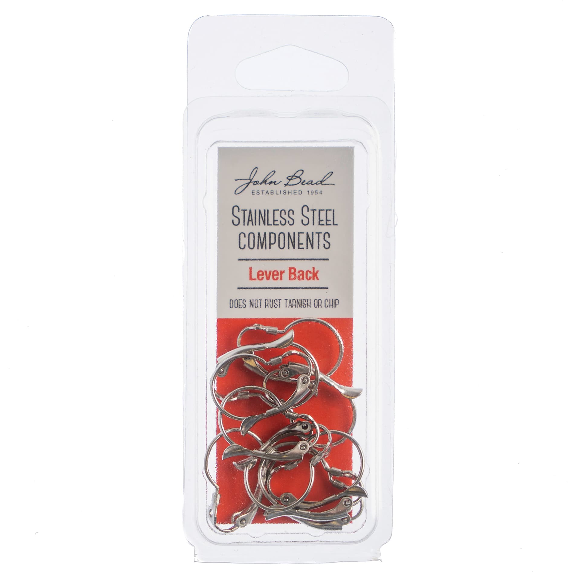 John Bead Stainless Steel Earwires - Pkg of 10, Leverback, 21 mm front of packaging
