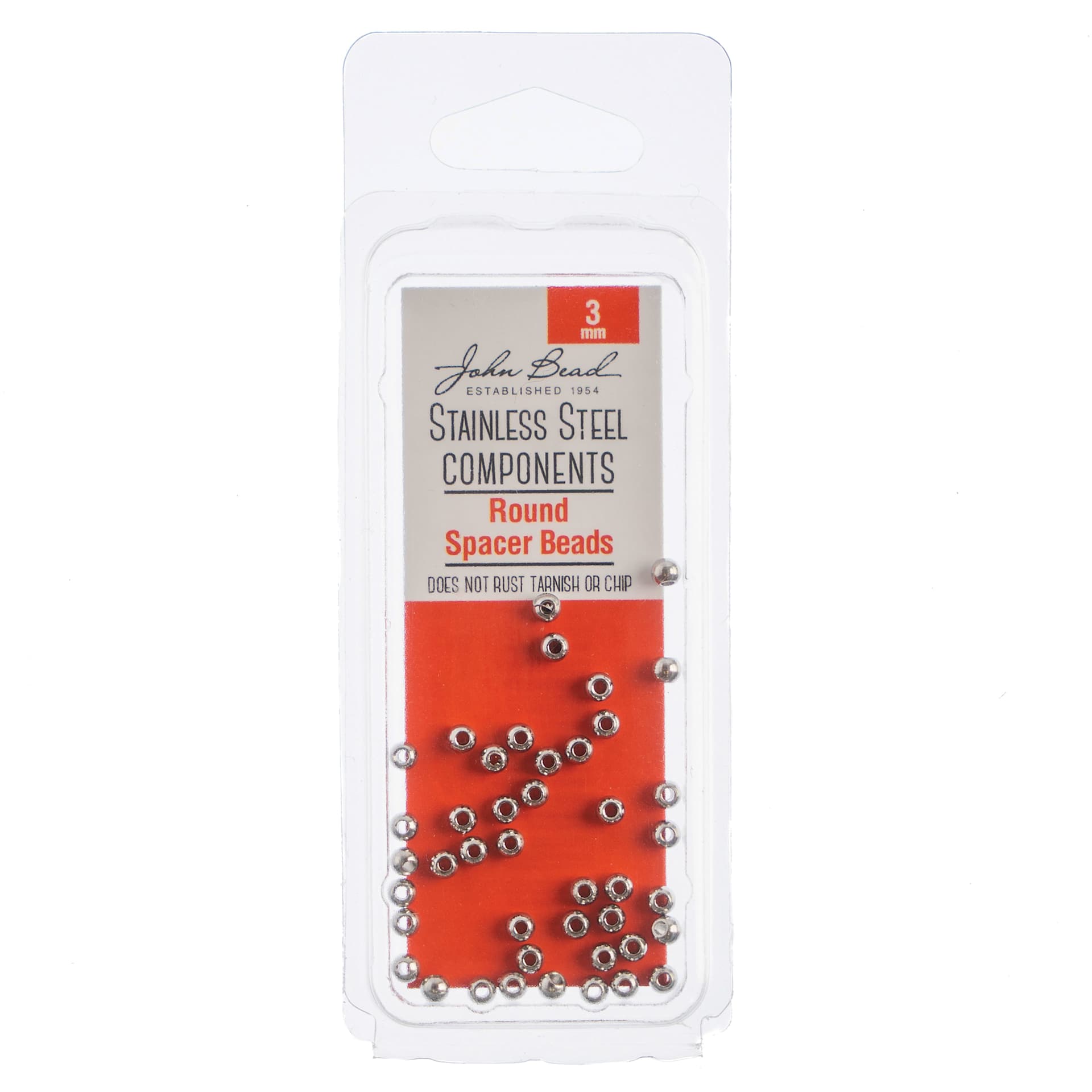 John Bead Stainless Steel Round Spacer Beads - Pkg of 40, 3 mm front of packaging
