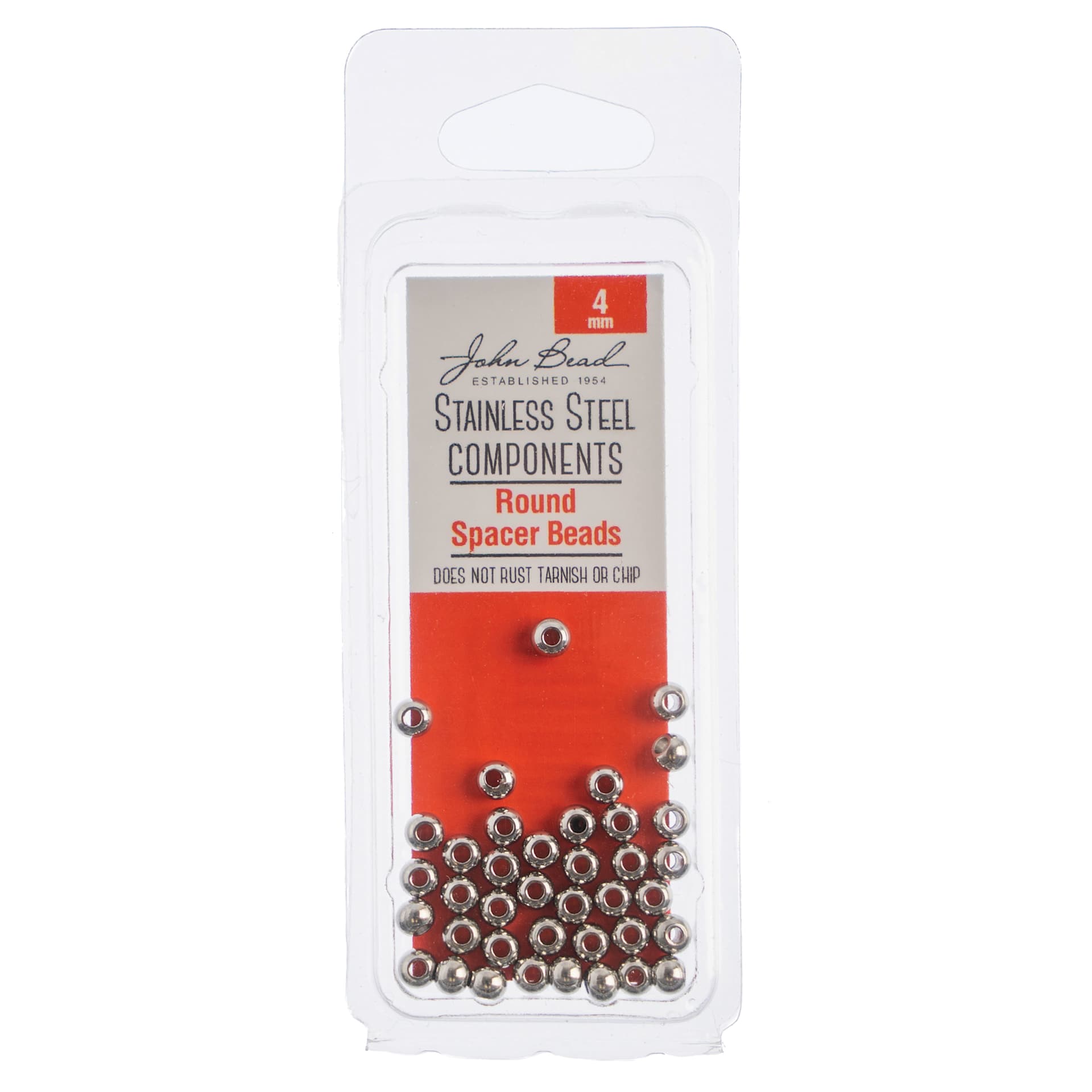 John Bead Stainless Steel Round Spacer Beads - Pkg of 40, 4 mm front of packaging