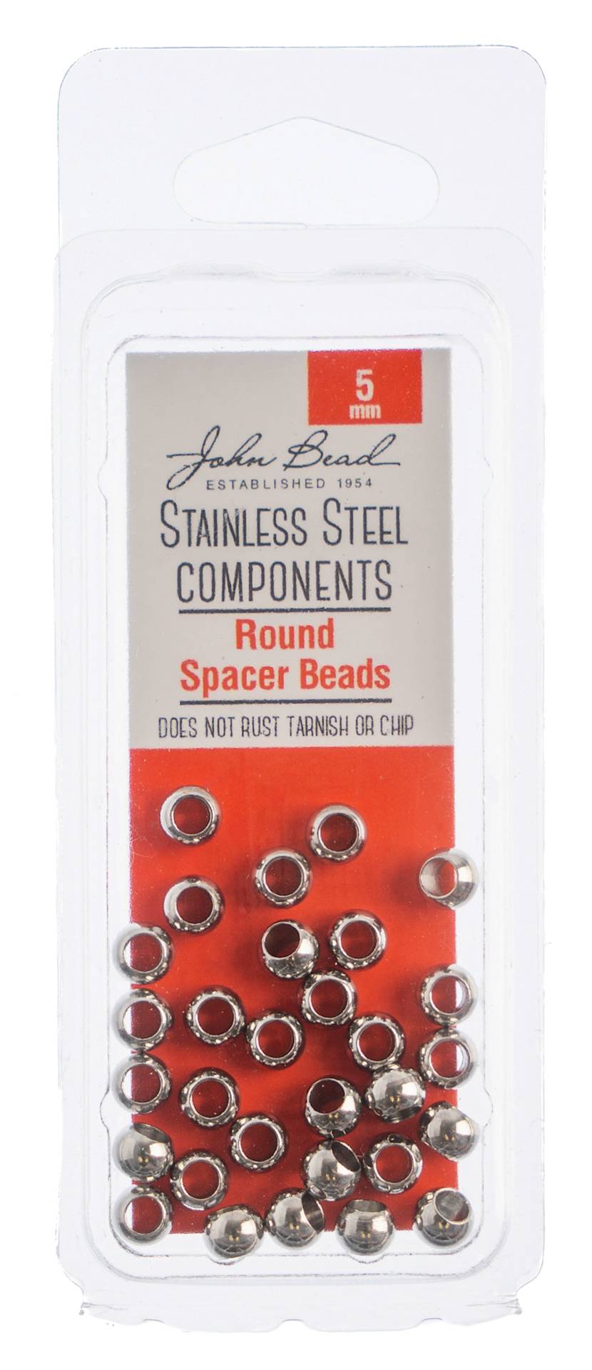 John Bead Stainless Steel Round Spacer Beads - Pkg of 30, 5 mm front of packaging
