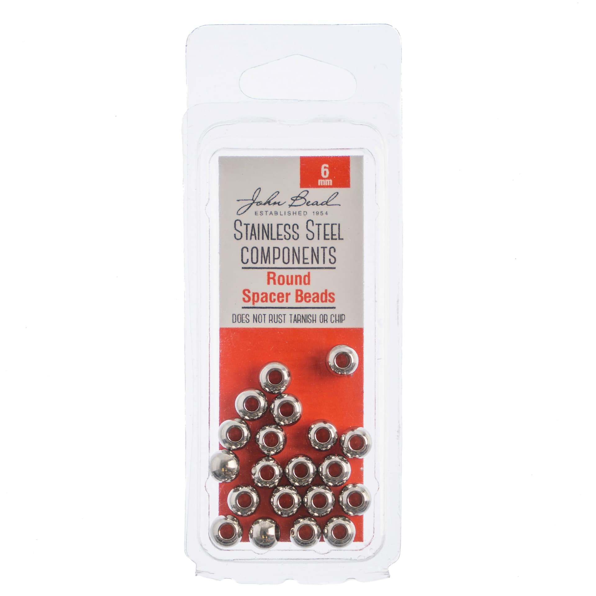 John Bead Stainless Steel Round Spacer Beads - Pkg of 20, 6 mm front of packaging