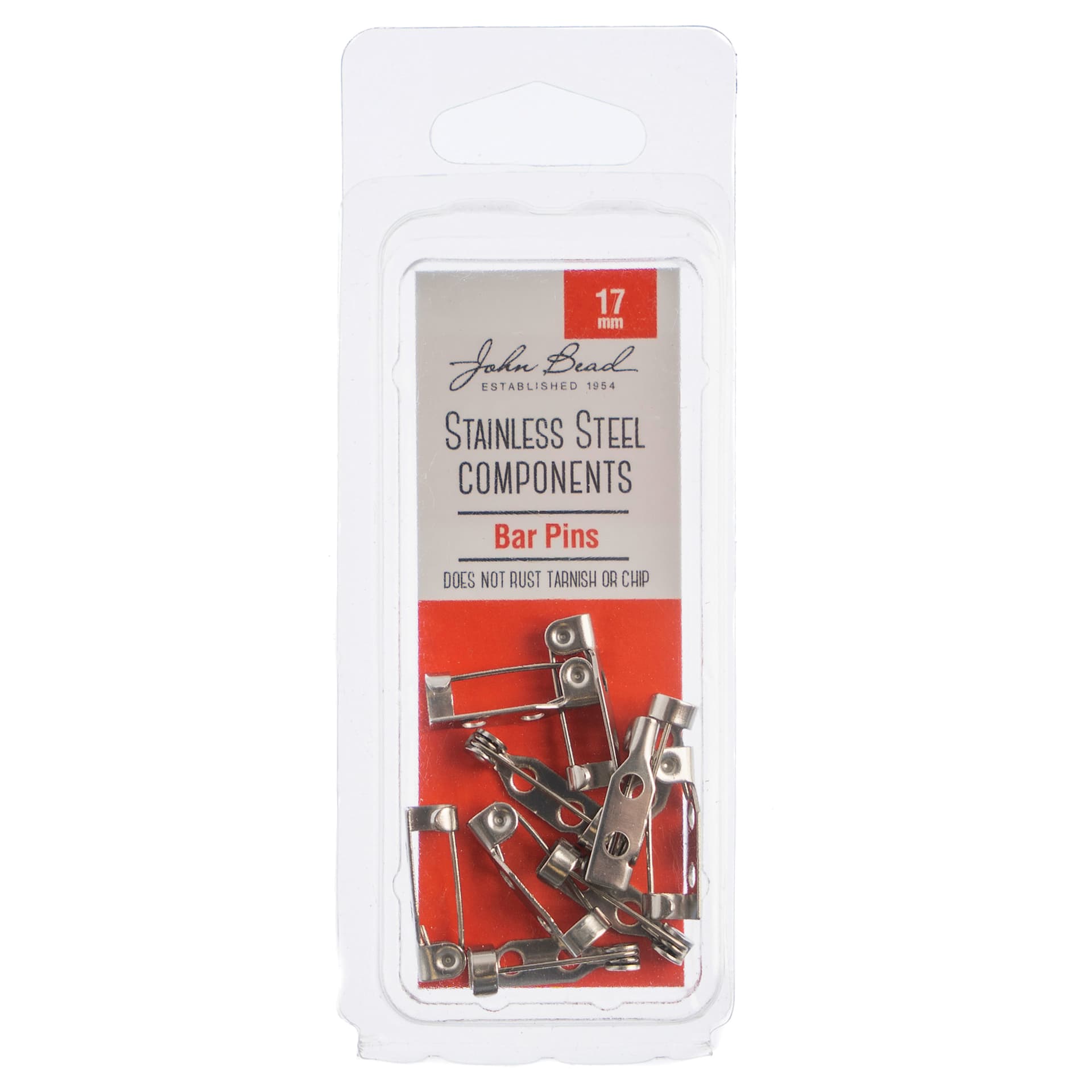 John Bead Stainless Steel Bar Pins - Pkg of 10, 17 mm front of packaging