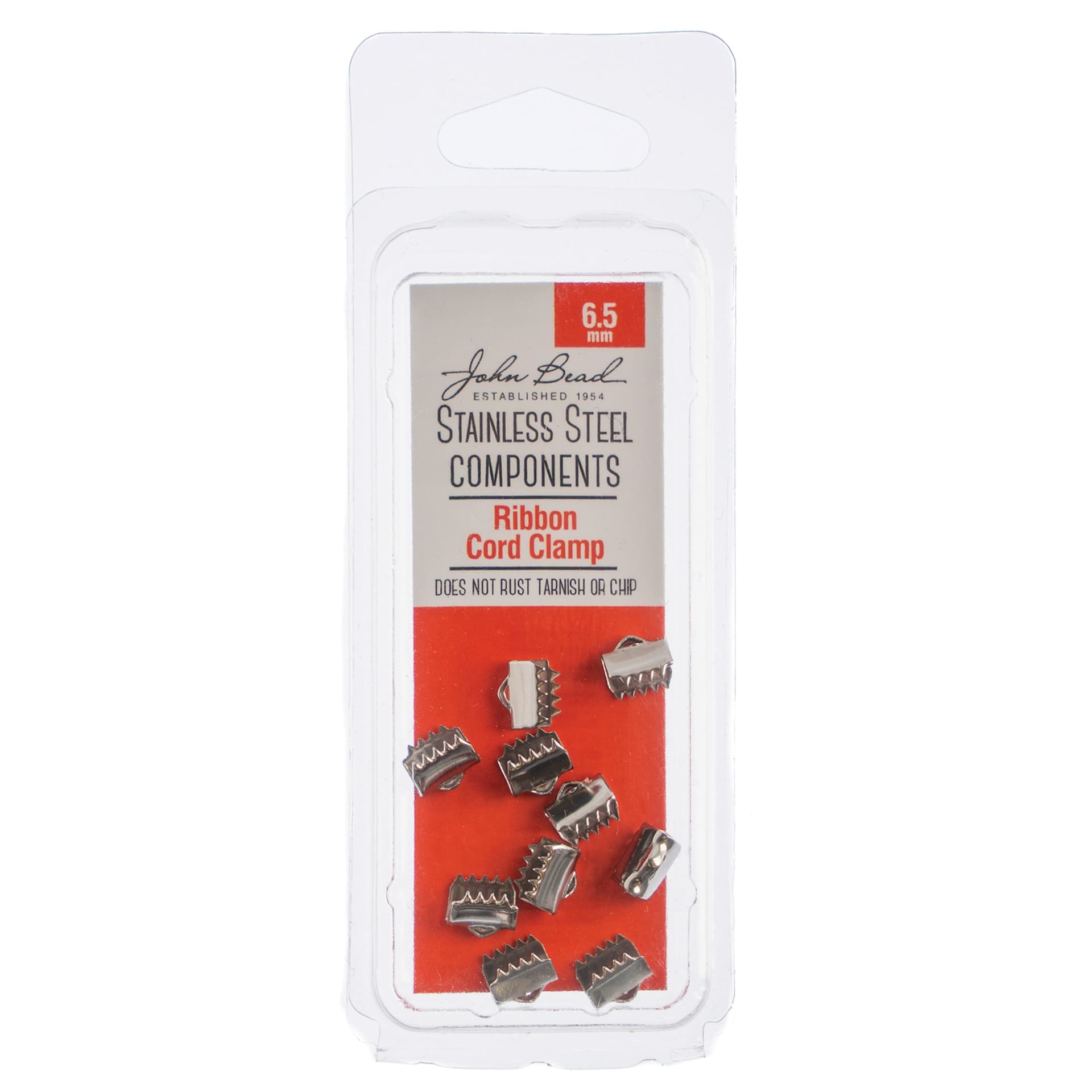 John Bead Stainless Steel Ribbon Cord Clamps - Pkg of 10, 6.5 mm front of packaging