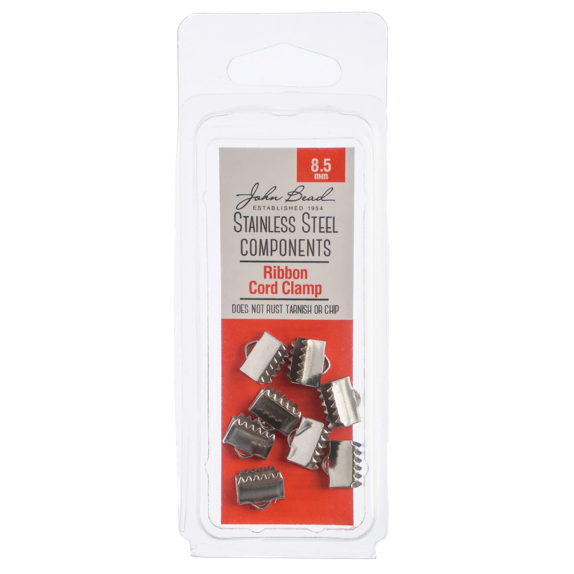 John Bead Stainless Steel Ribbon Cord Clamps - Pkg of 8, 8.5 mm front of packaging