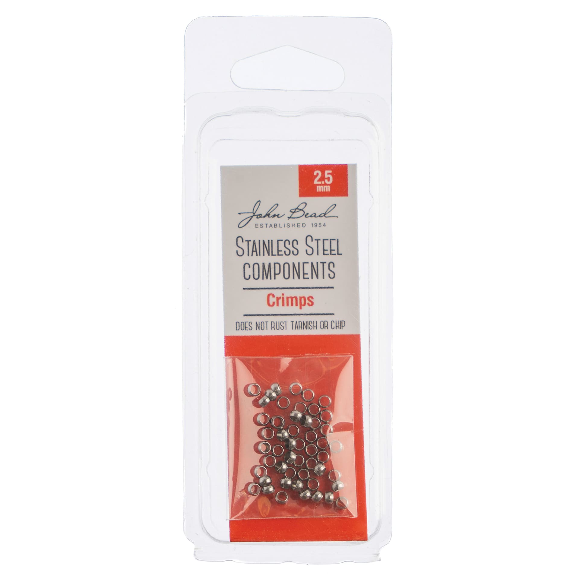 John Bead Stainless Steel Crimp Beads - Pkg of 50, 2.5 mm front of packaging