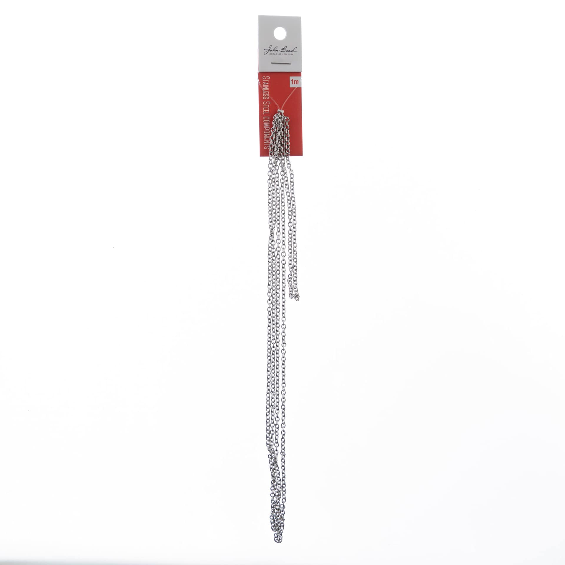 John Bead Stainless Steel Jewelry Chain - Rolo Chain, 1 m Long, 2.5 mm x 2 mm Links in packaging