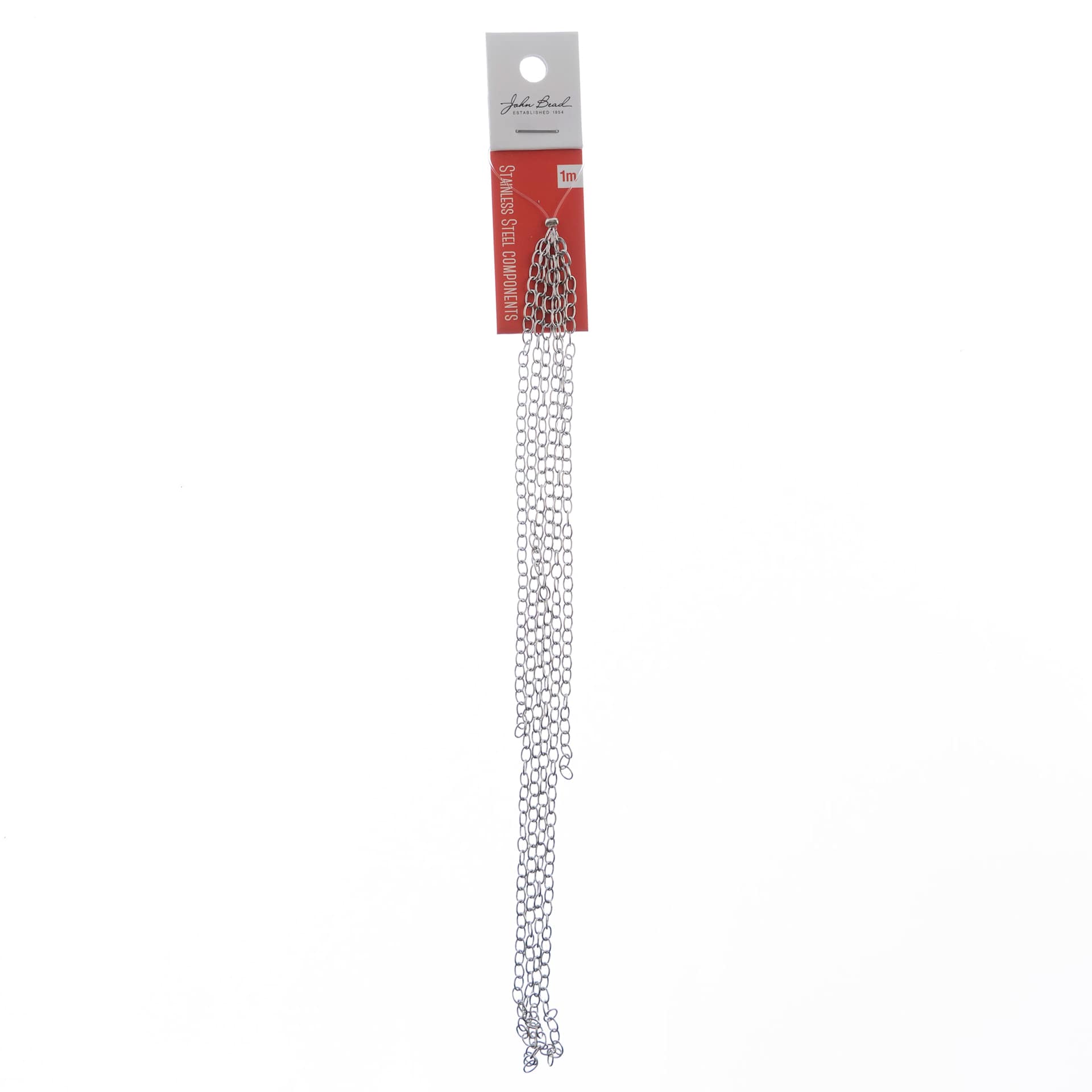 John Bead Stainless Steel Jewelry Chain - Rolo Chain, 1 m Long, 3.7 mm x 2.4 mm Links in packaging