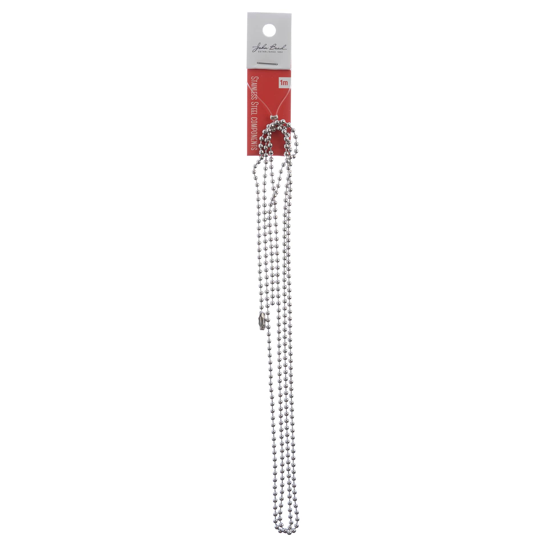 John Bead Stainless Steel Jewelry Chain - Ball Chain, 1 m Long, 2.4 mm Links in packaging