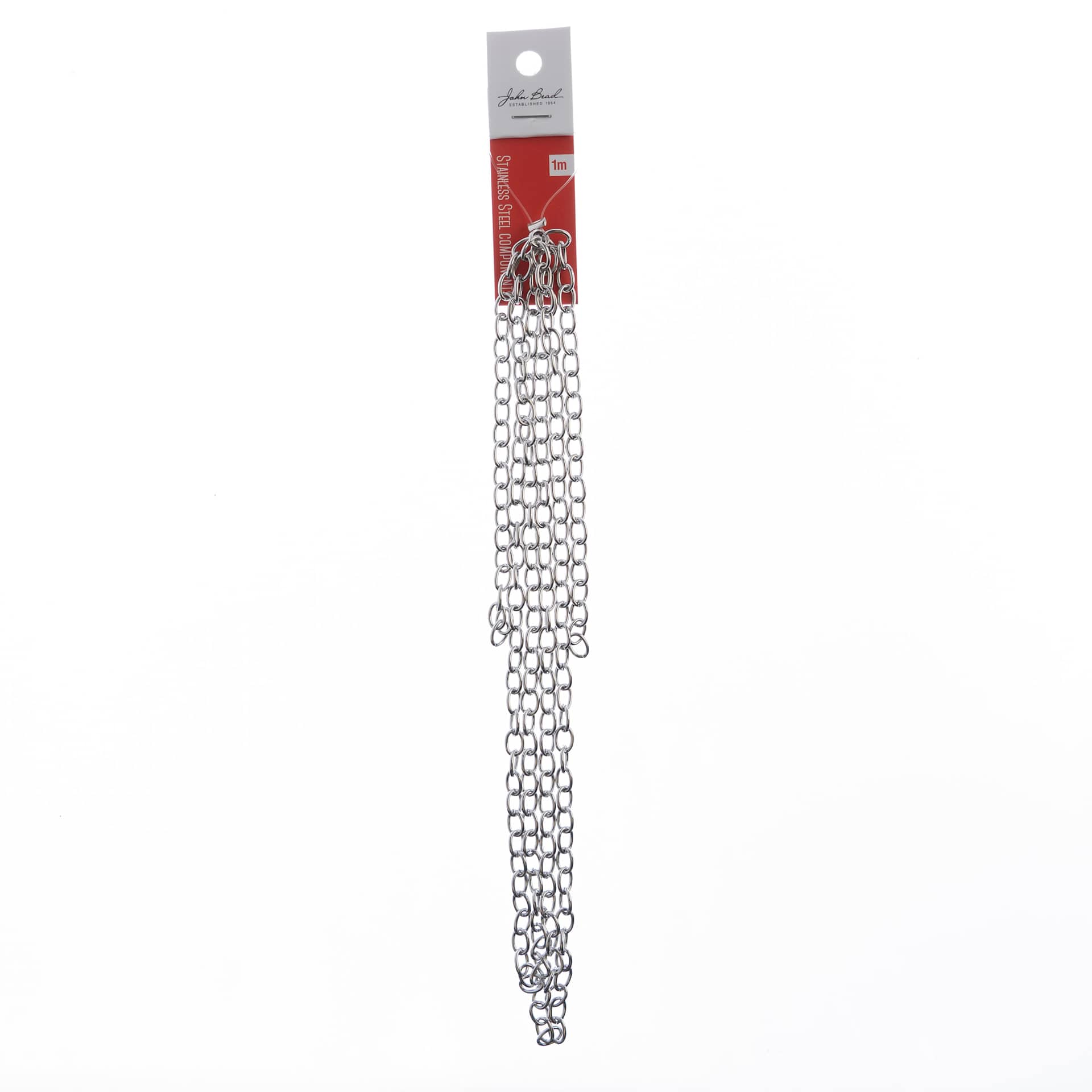 John Bead Stainless Steel Jewelry Chain - Rolo Chain, 1 m Long, 6.9 mm x 5 mm Links in packaging