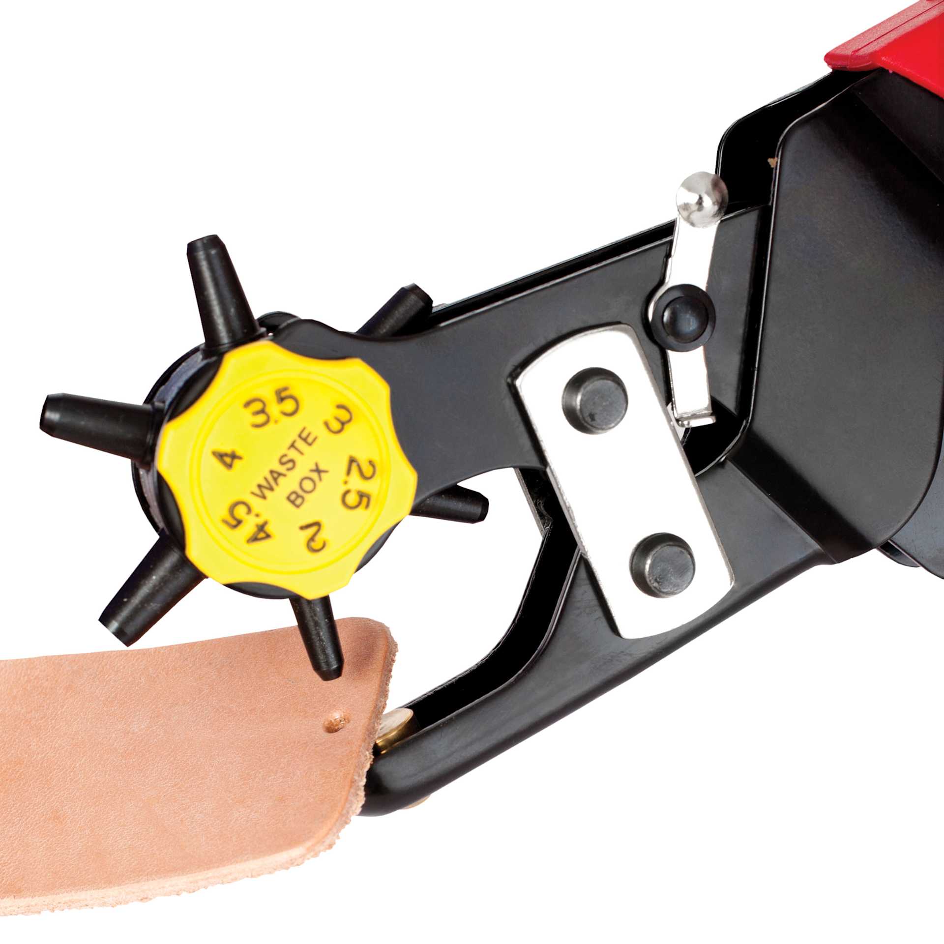 John Bead Metal Complex Deluxe Leather Hole Punch close up of hole being punched in leather