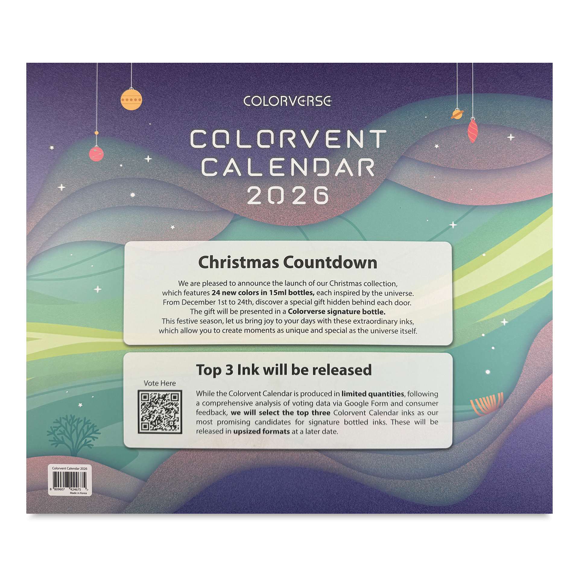 Colorverse Colorvent 2026 Cosmic Calendar - Set of 24, 15 ml bottles, back of packaging