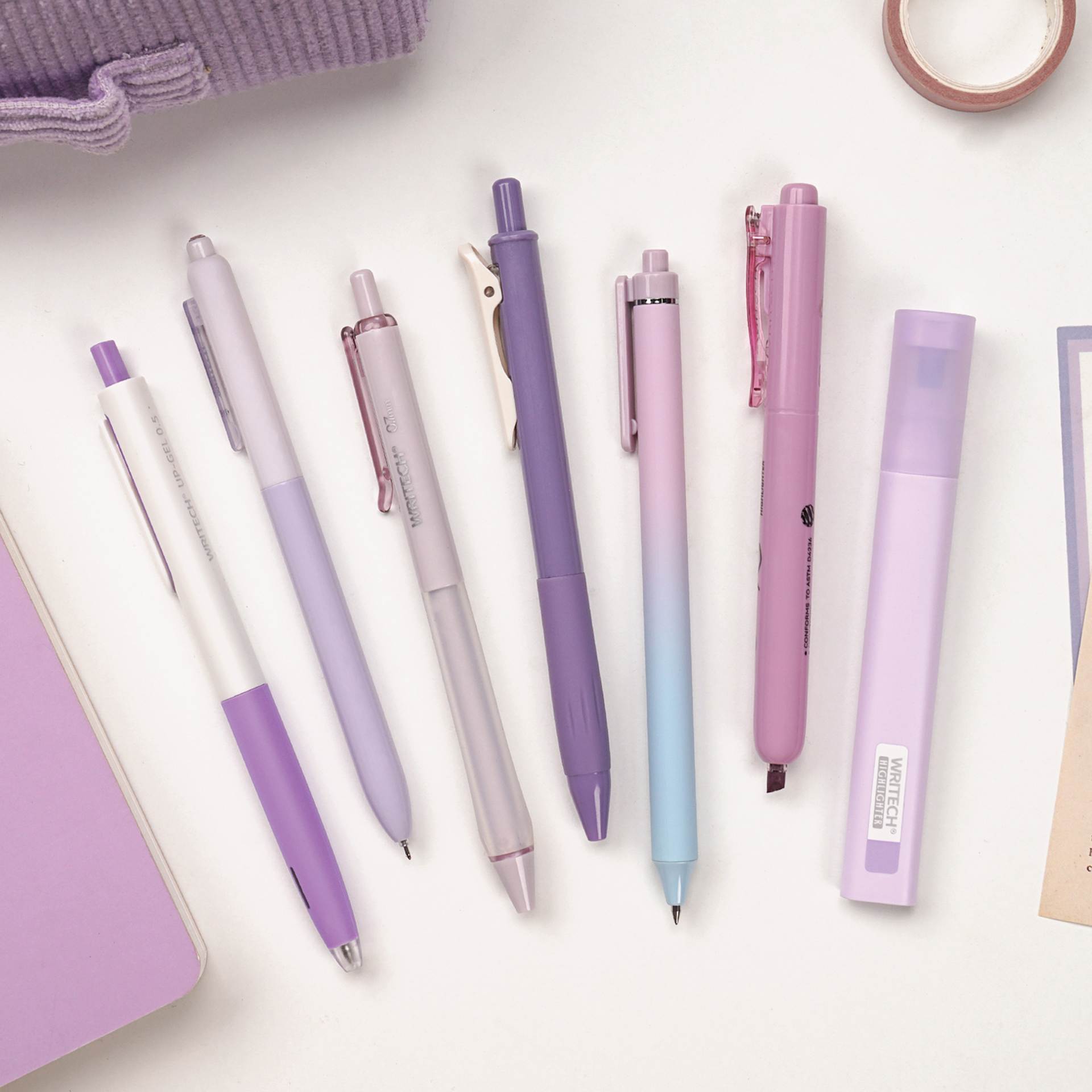 Writech Color Coded Writing Set - Set of 7, Provence, contents fanned out on tabletop